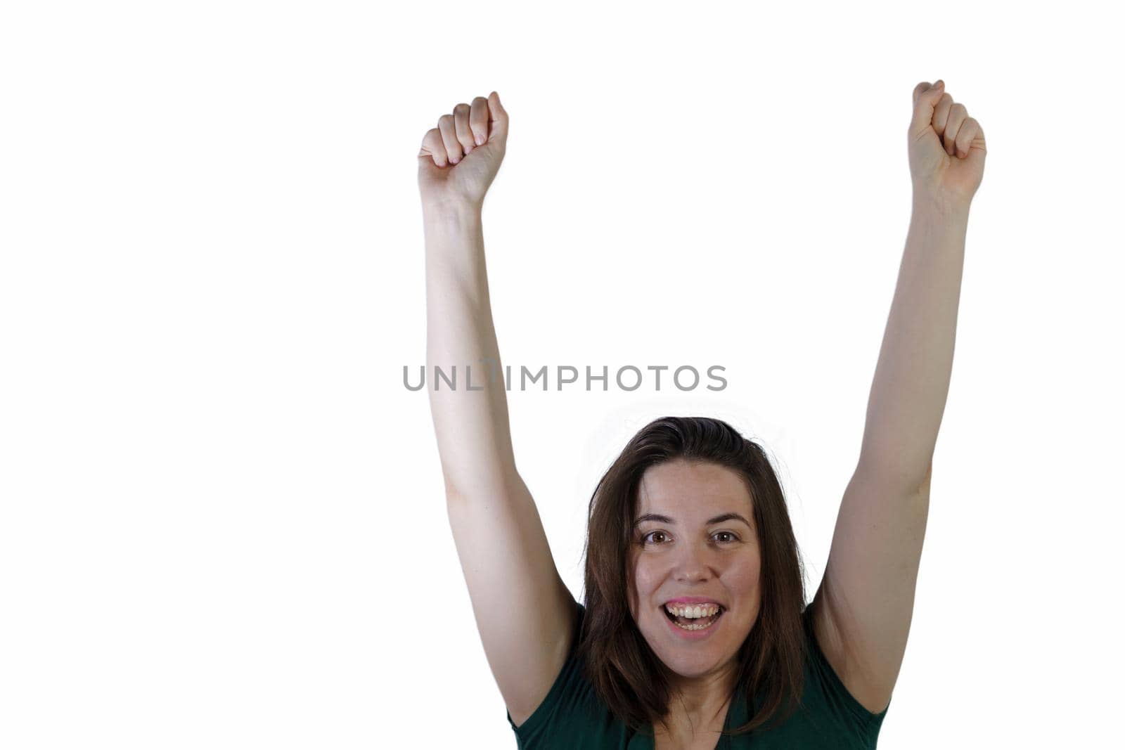 young brunette long haired girl with raised arms smiling isolated on white background