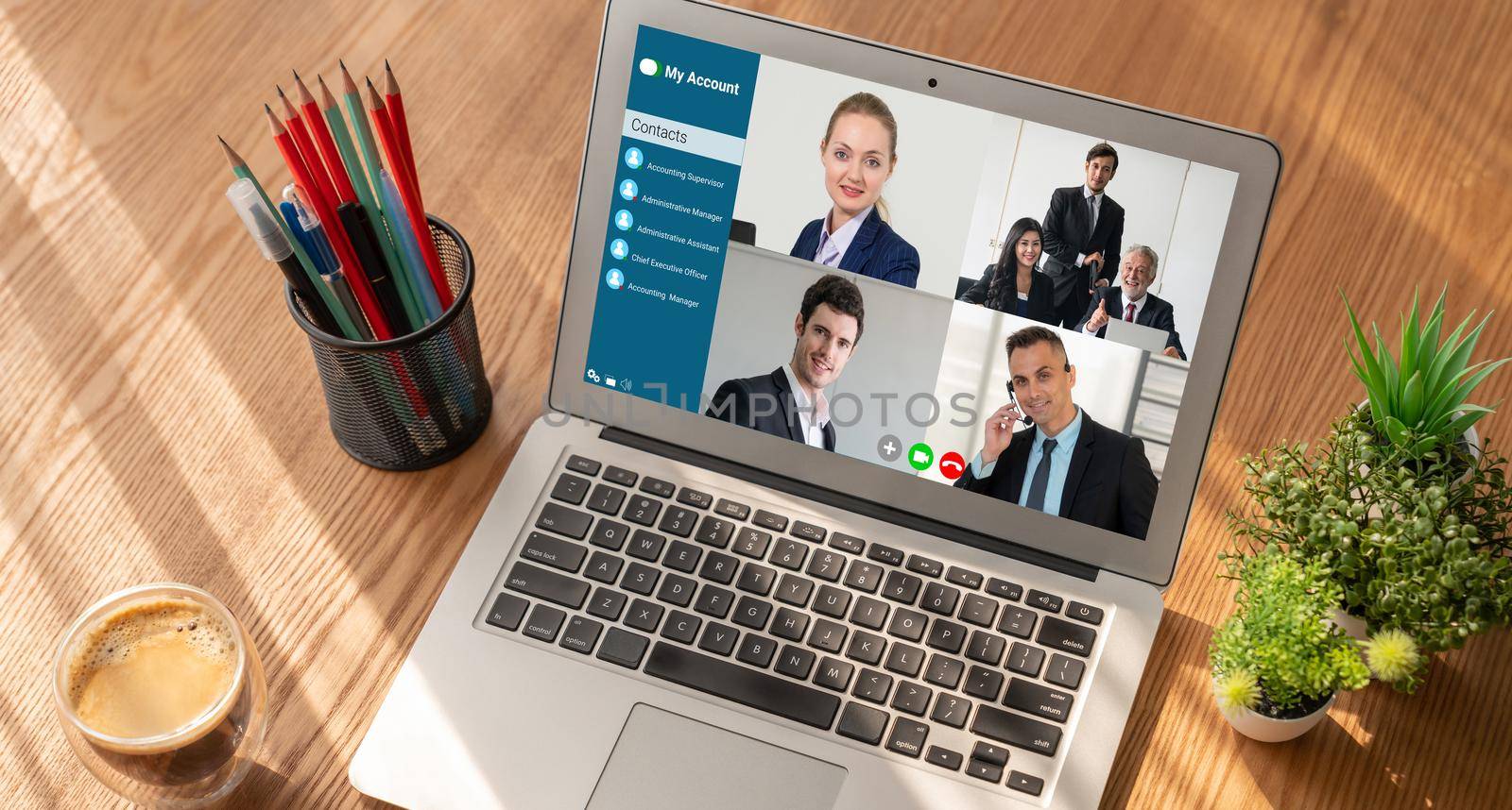 Business people on video conference for modish virtual group meeting by biancoblue