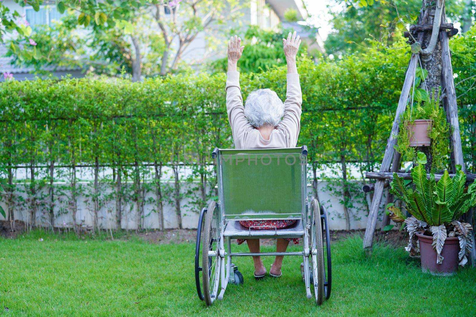 Asian elderly woman disability patient sitting on electric wheelchair in park, medical concept.