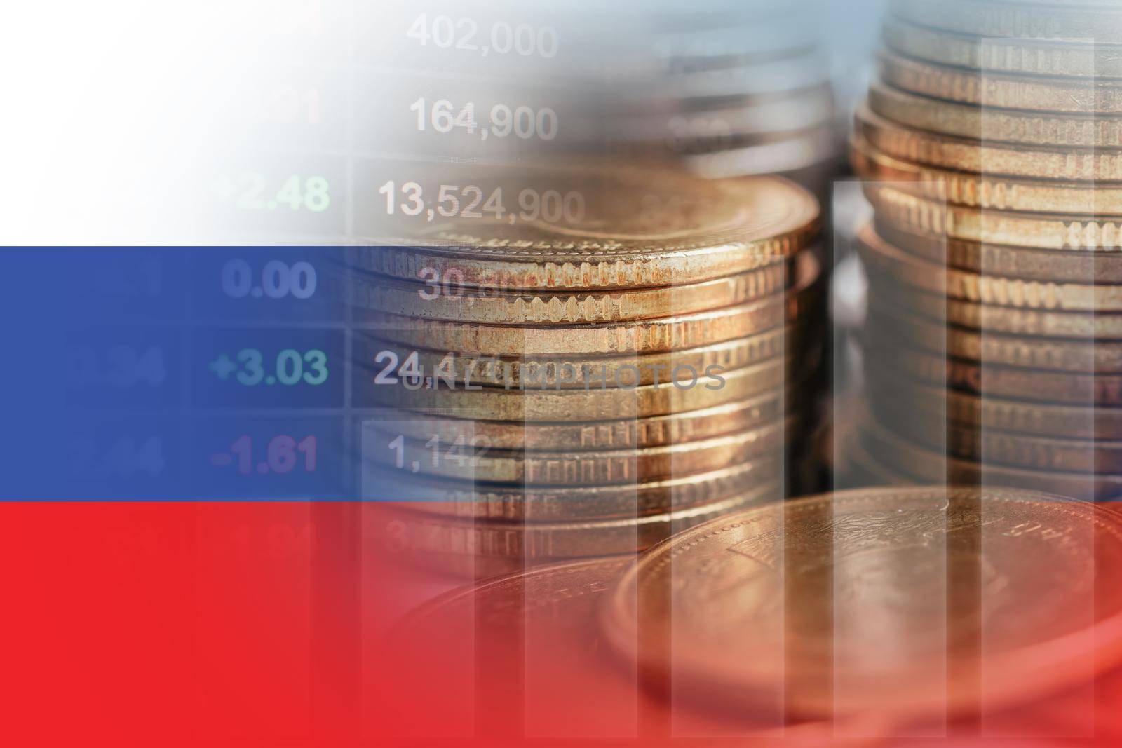 Russia flag with stock market finance, economy trend graph digital technology.