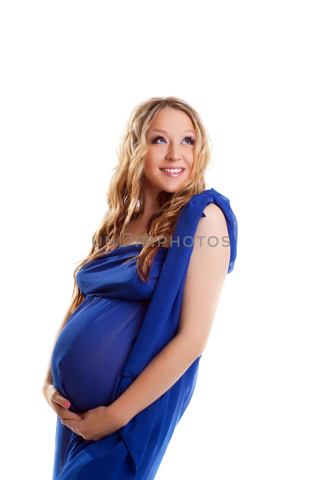 Yong pregnant woman in blue silk smile by rivertime