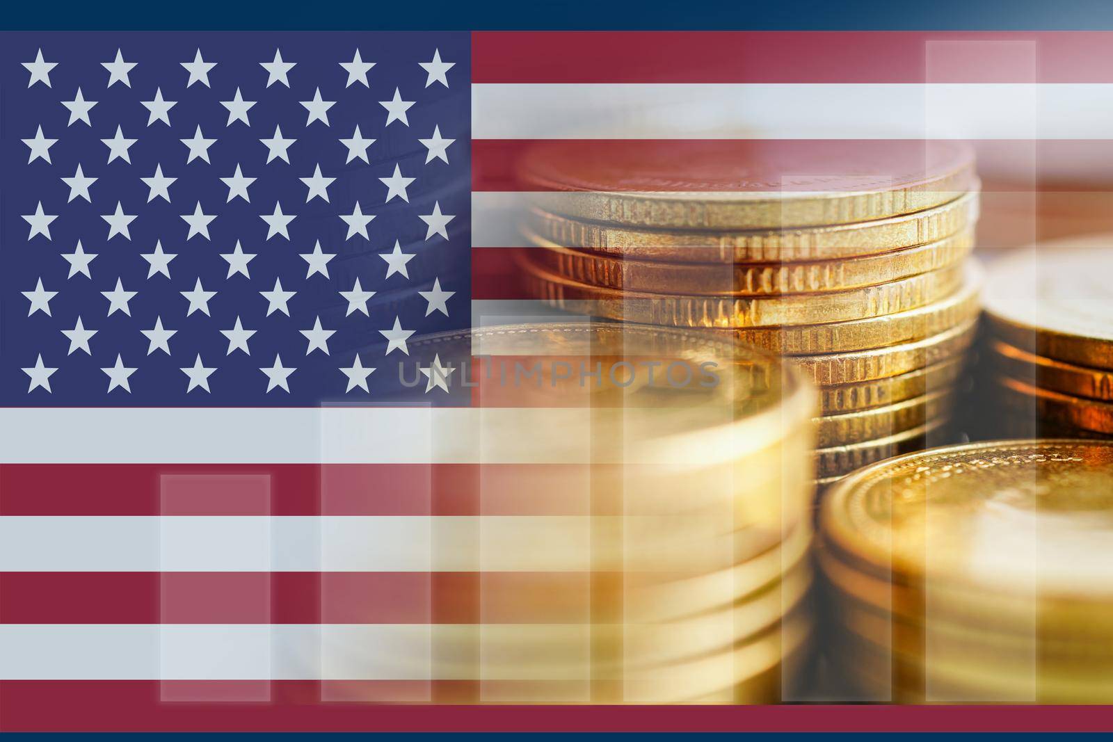 USA America flag with stock market finance, economy trend graph digital technology.