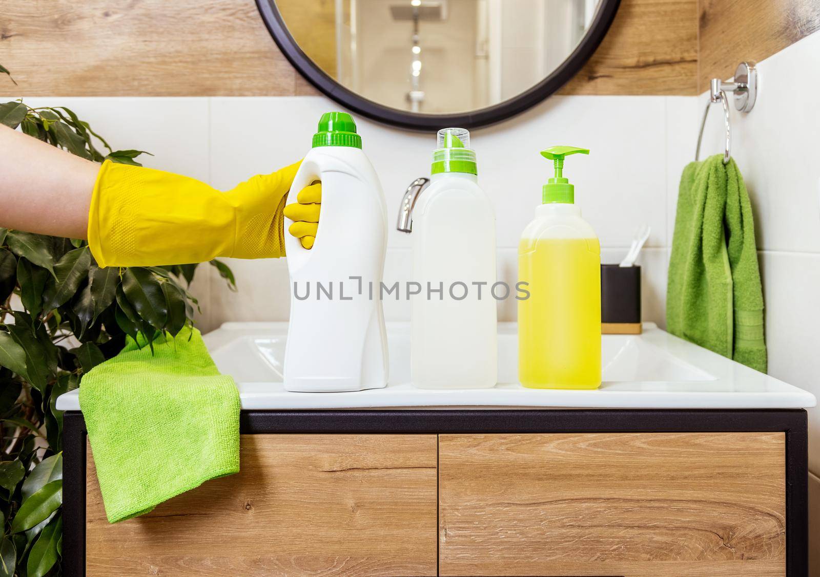 Mockup, three different bottles for cleaning agent close-up, space for logo, label by Ramanouskaya