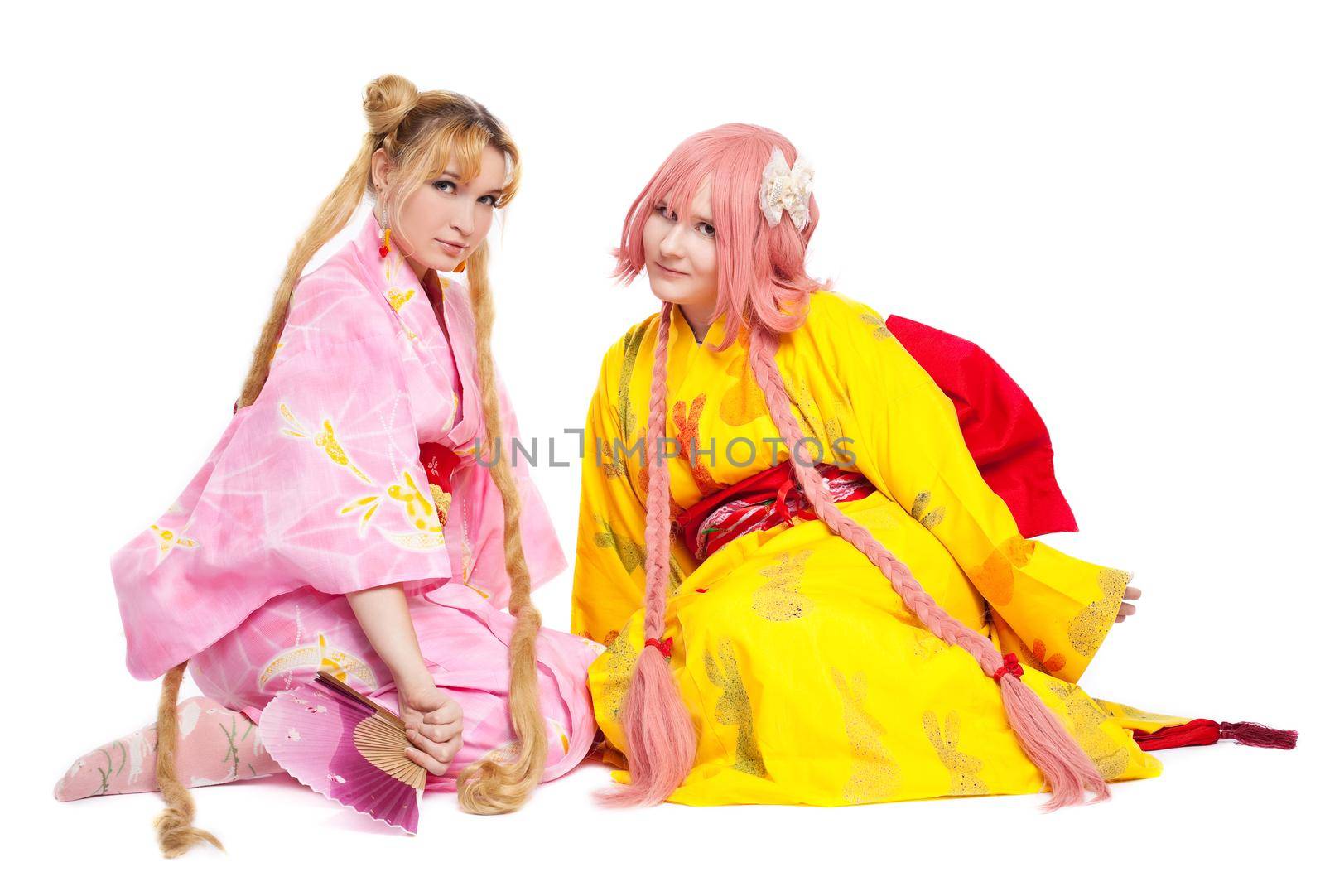 Portrait of two beauty girls in kimono cosplay costume characters