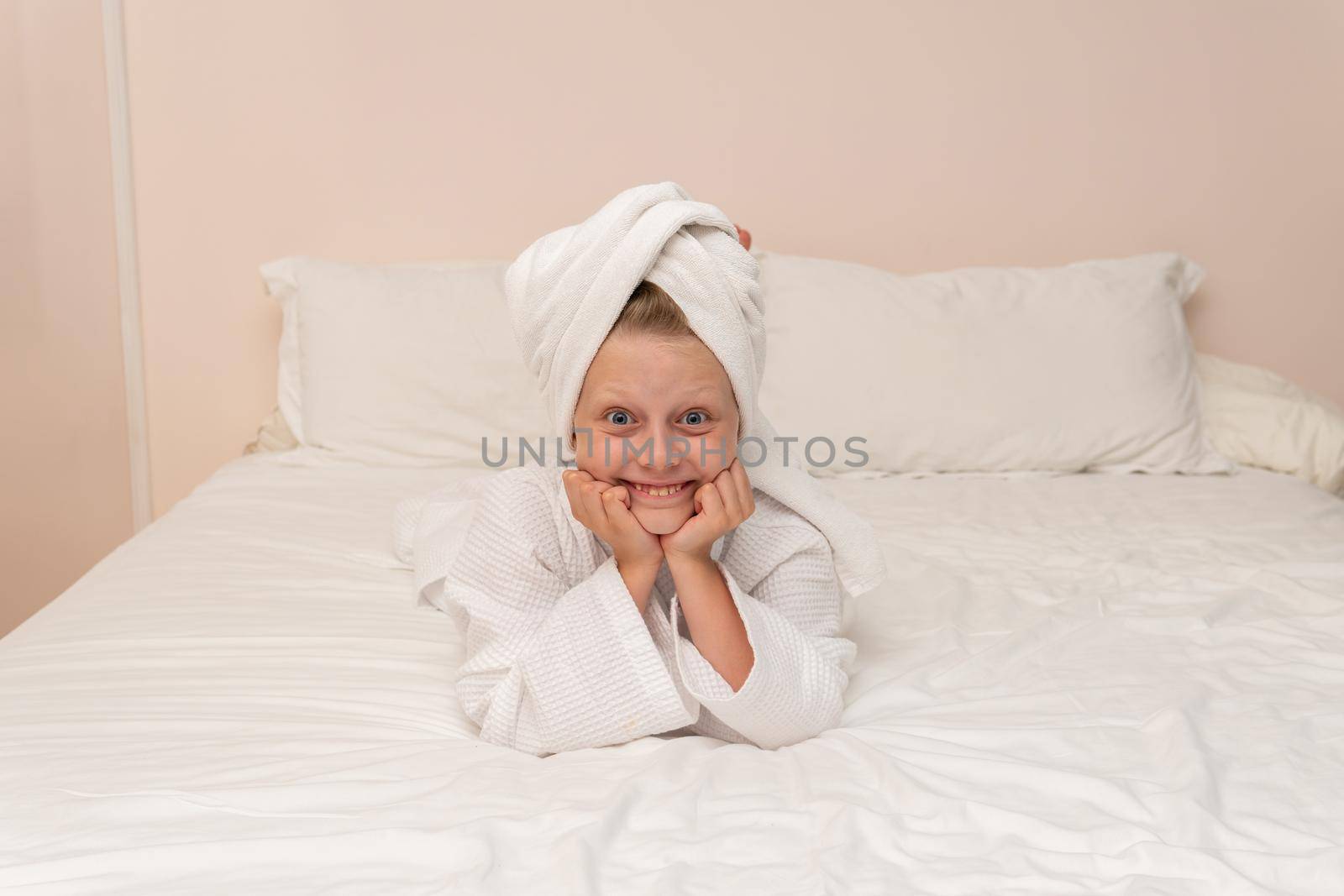 Elbows copyspace smile coffee bathrobe Creek bed girl portrait bathroom, concept woman dressing in skin for caucasian gown, towel background. Hair kid wellness, by 89167702191