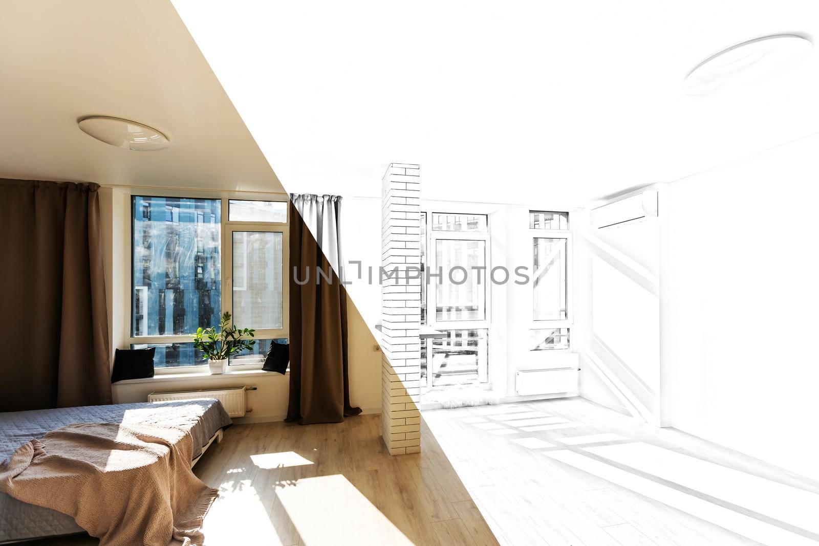 Before and after renovation modern office interior sketch. Repairs concept. by Andelov13