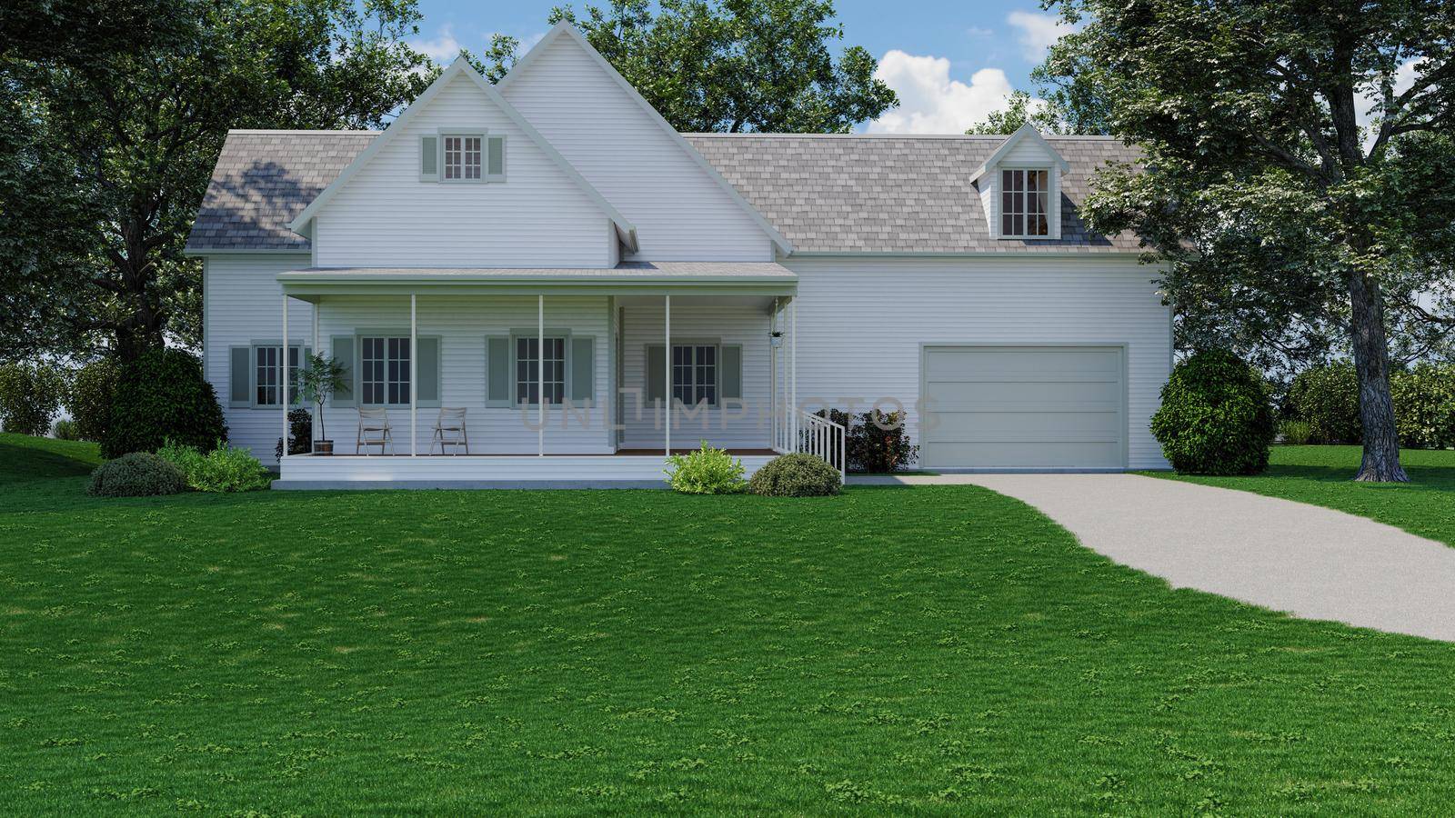 Beautiful house with white siding. 3D rendering of a house with a landscape. American house with a garage.