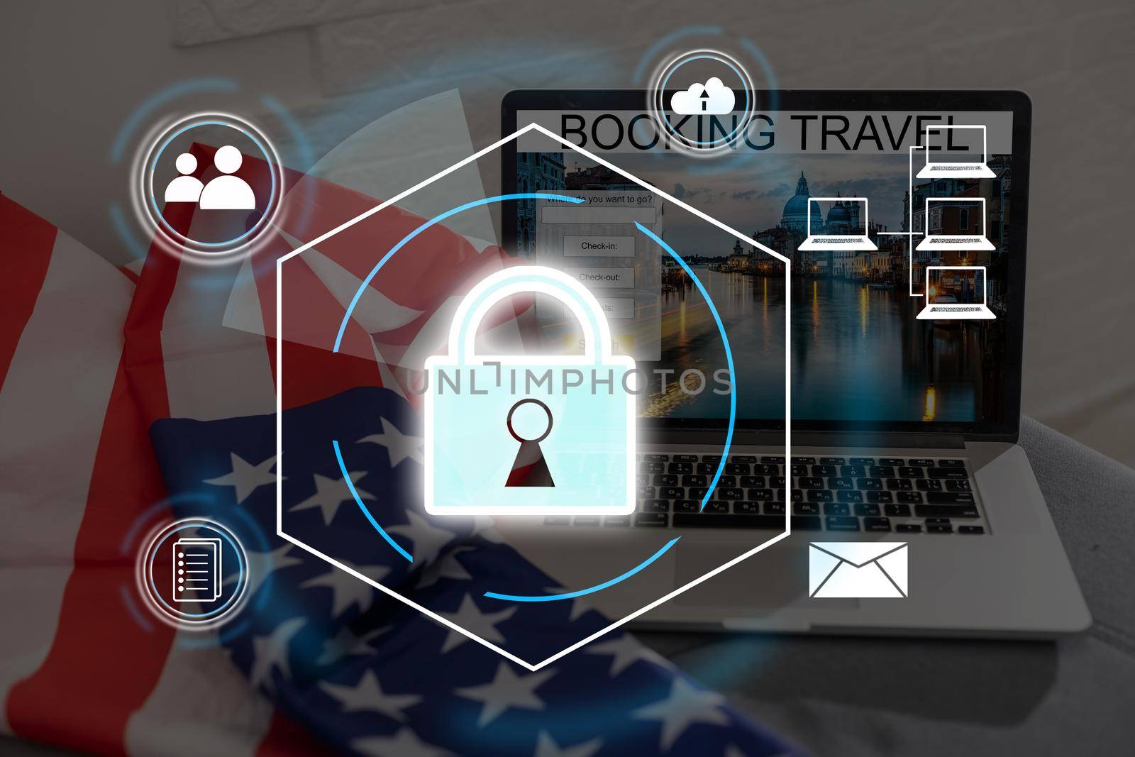 Virtual creative lock symbol and microcircuit illustration on USA flag and sunset sky background. Protection and firewall concept. Multiexposure