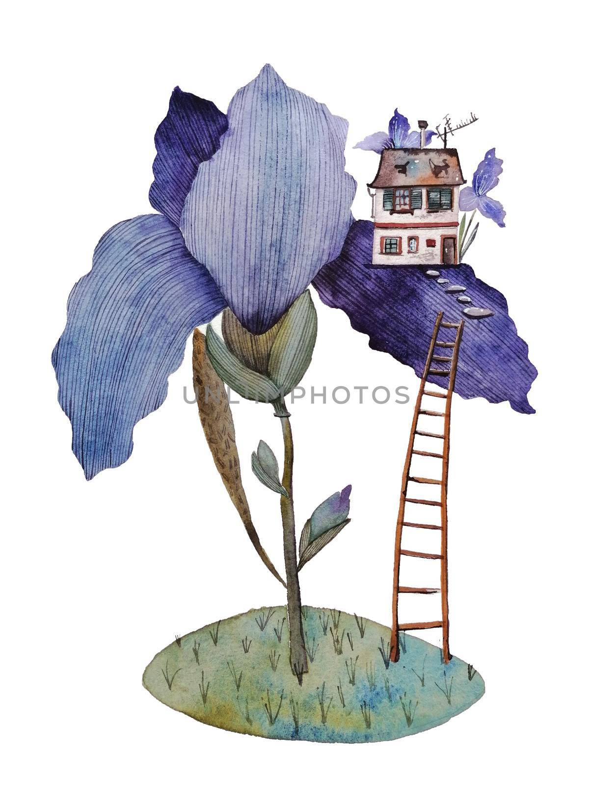 Hand-drawn watercolor illustration fairy house on the iris flower for design in high resolution.