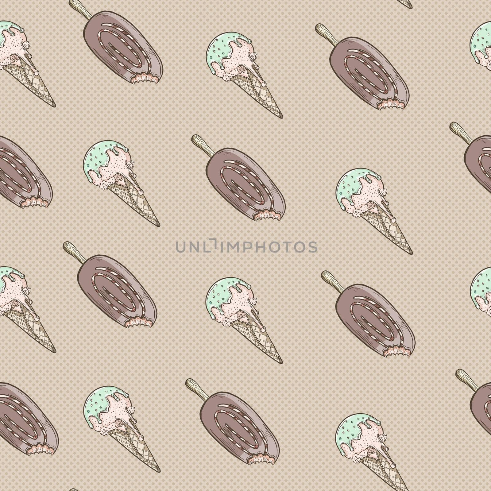 Ice cream seamless pattern illustration, Cute ice cream on beige background.