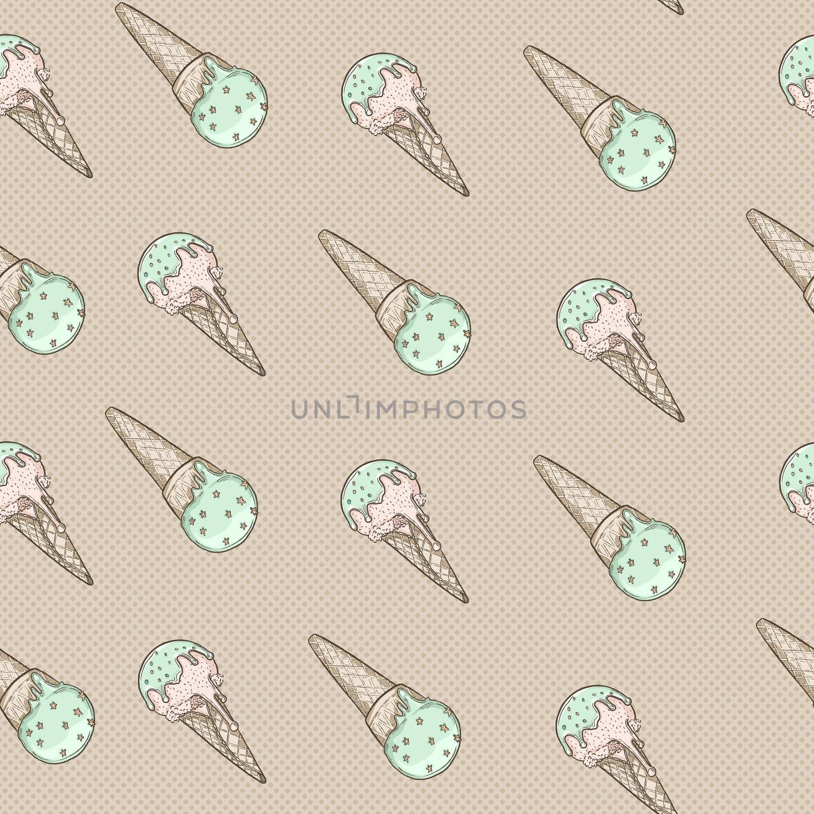 Ice cream cone seamless pattern on beige background by fireFLYart