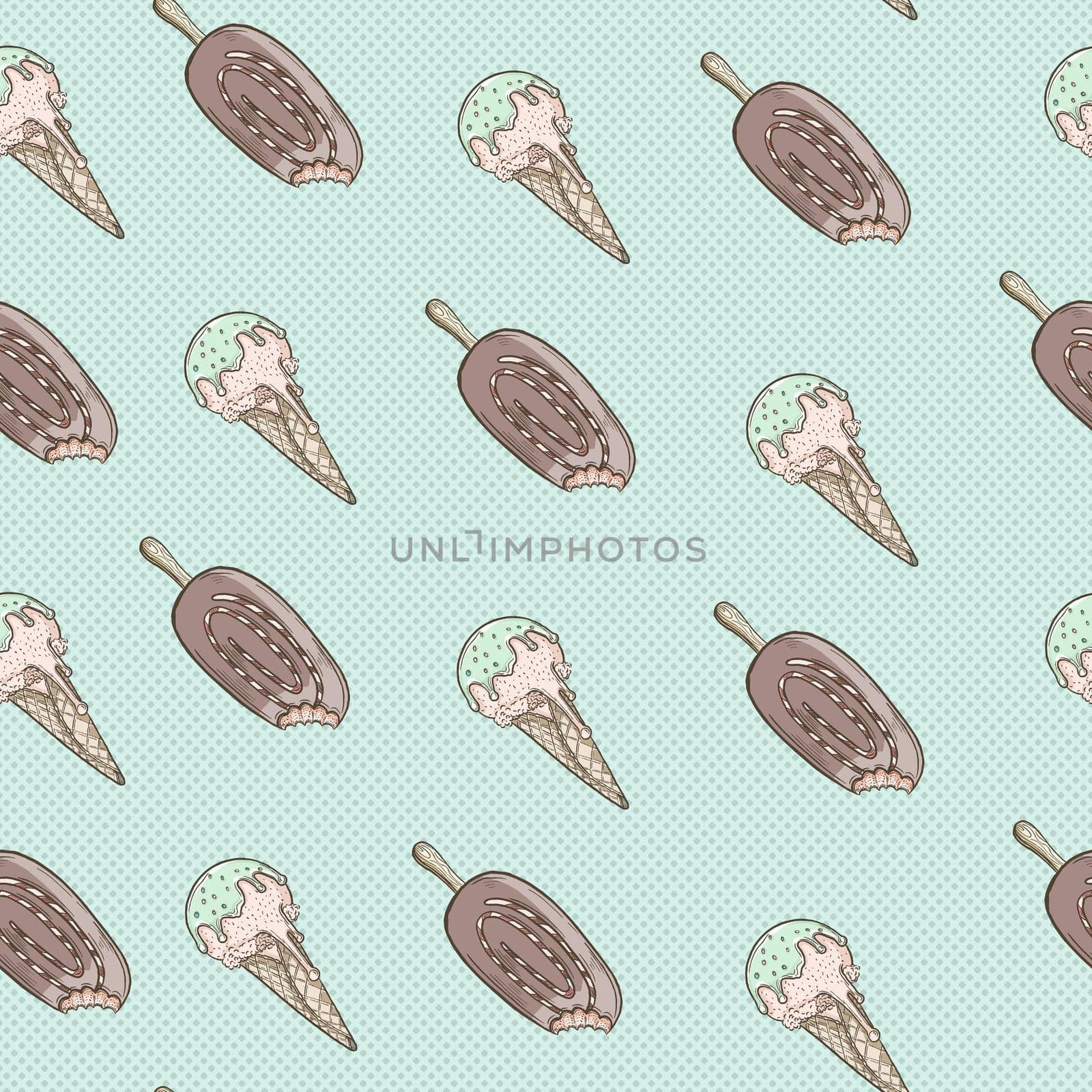 Ice cream seamless pattern illustration, Cute ice cream on blue background.