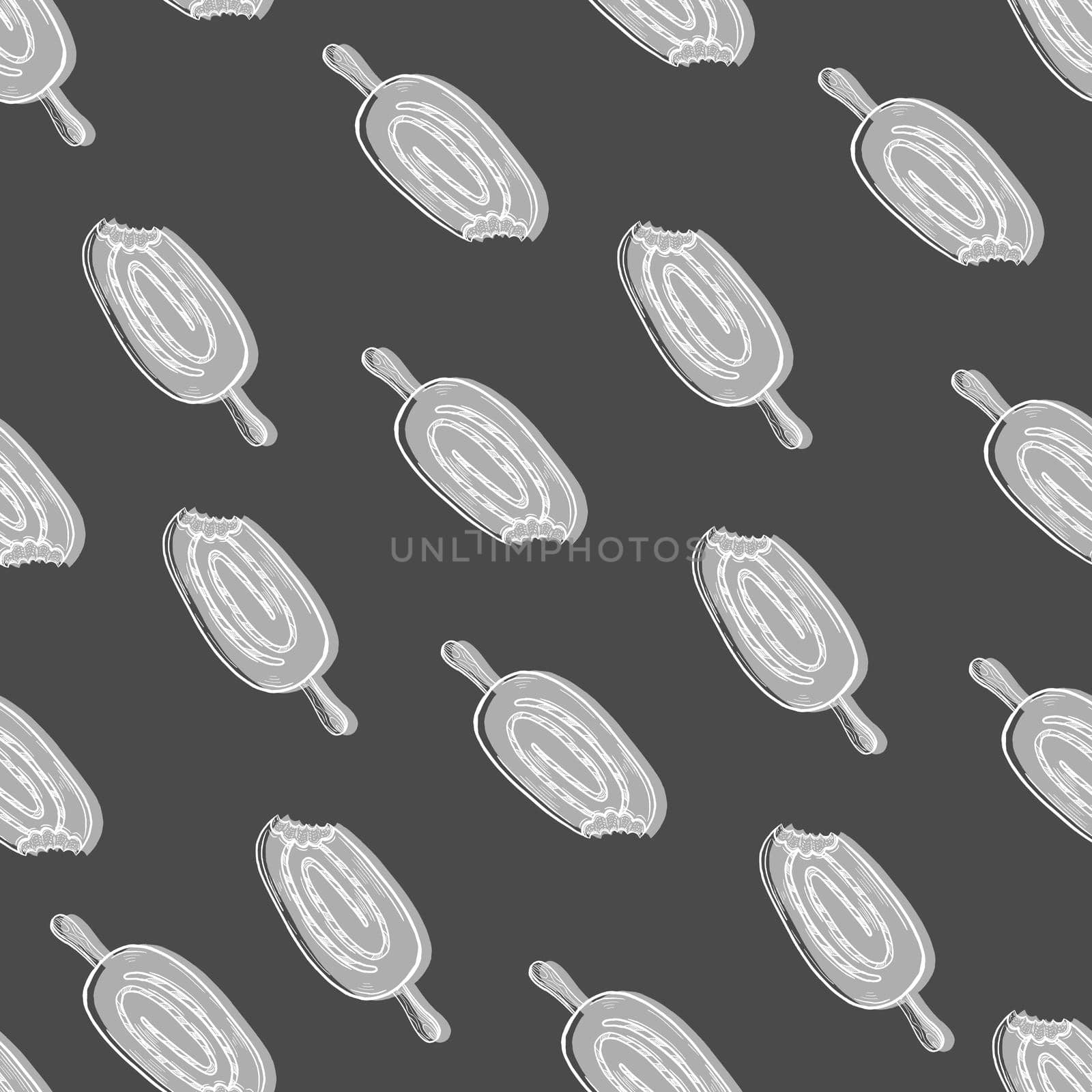 Monochrome popsicle seamless pattern illustration, Cute Popsicle on black background.