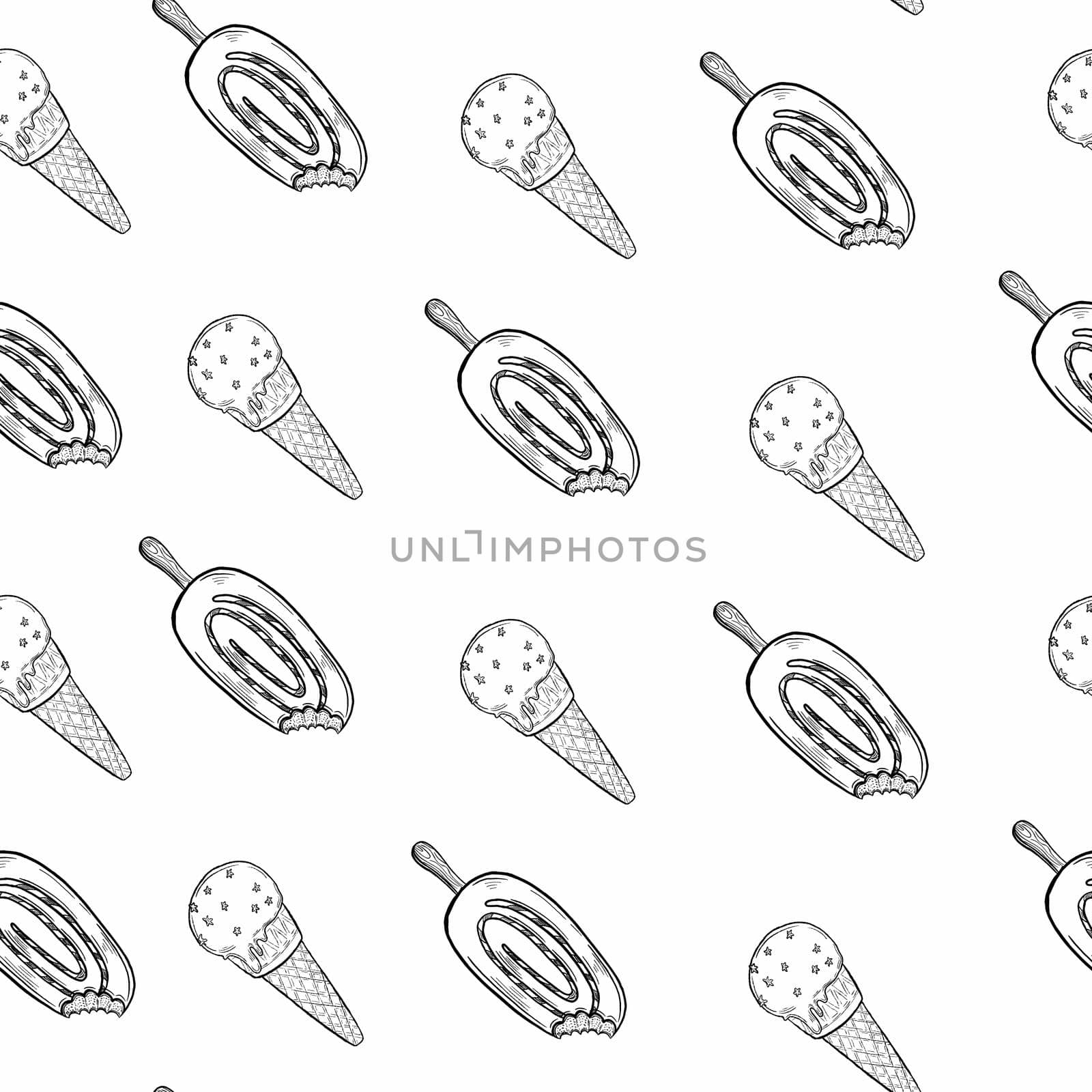 Ice cream outline seamless pattern on white background. Hand drawn illustration by fireFLYart