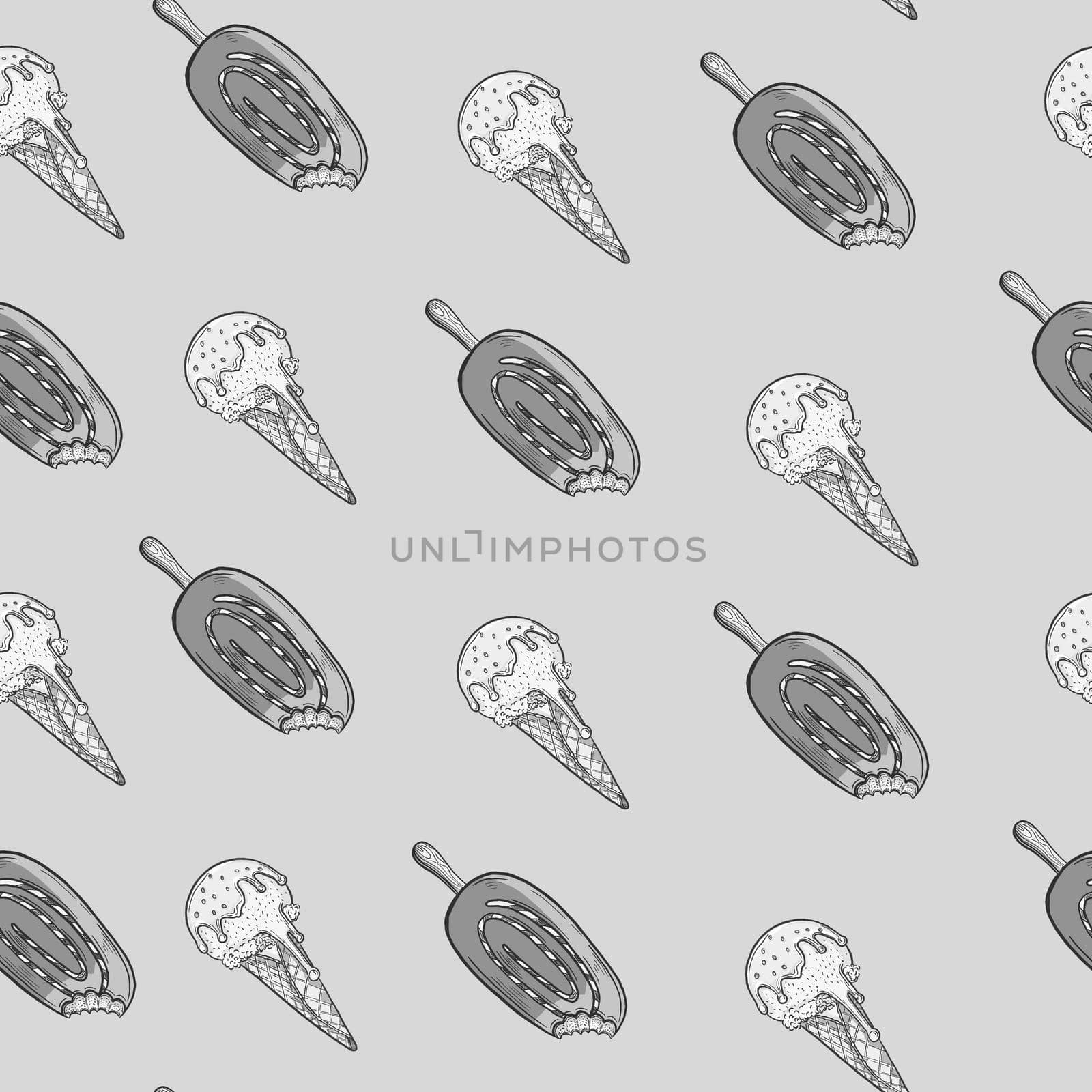 Ice cream outline seamless pattern on gray background. Hand drawn illustration by fireFLYart