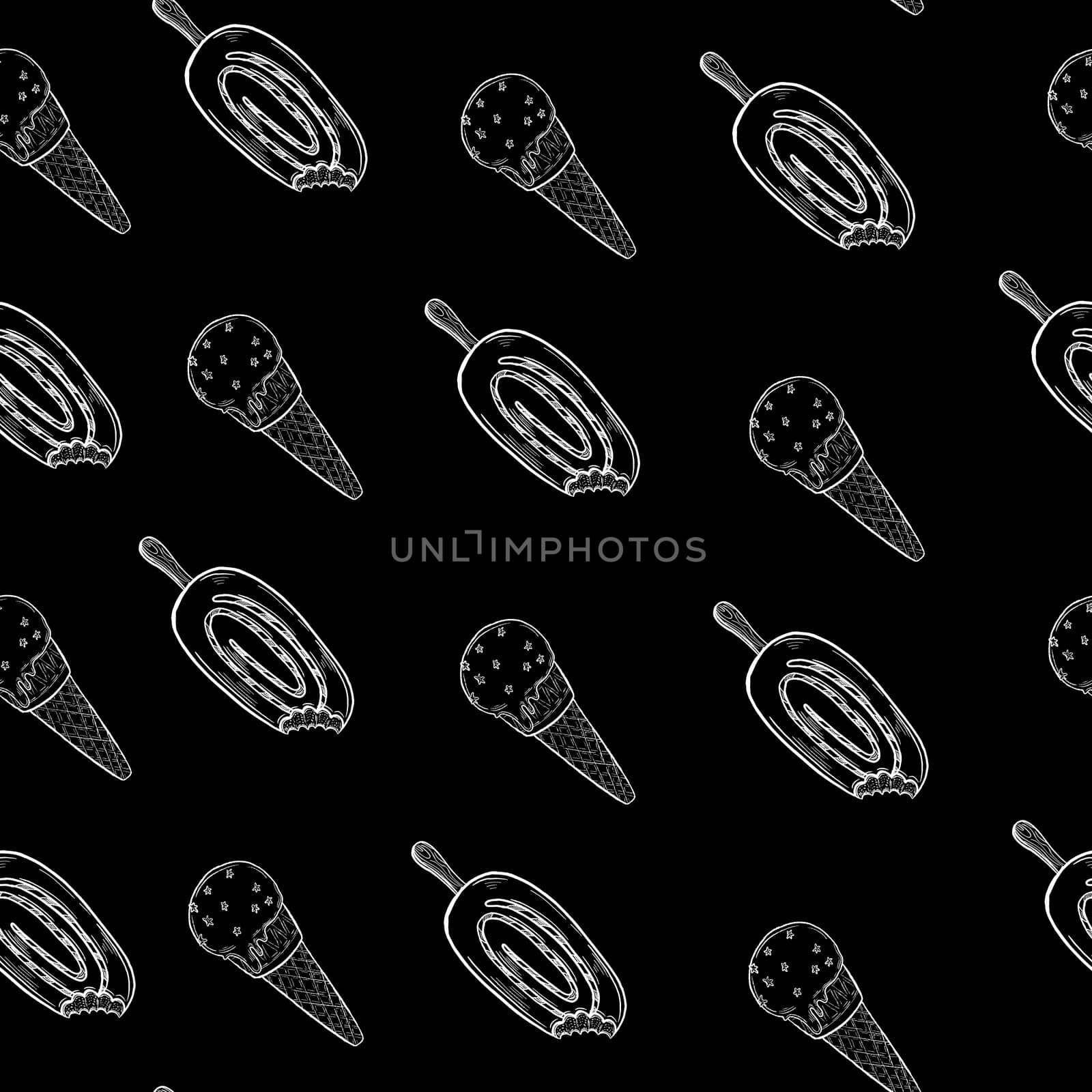 Ice cream outline seamless pattern illustration, Cute ice cream on black background.