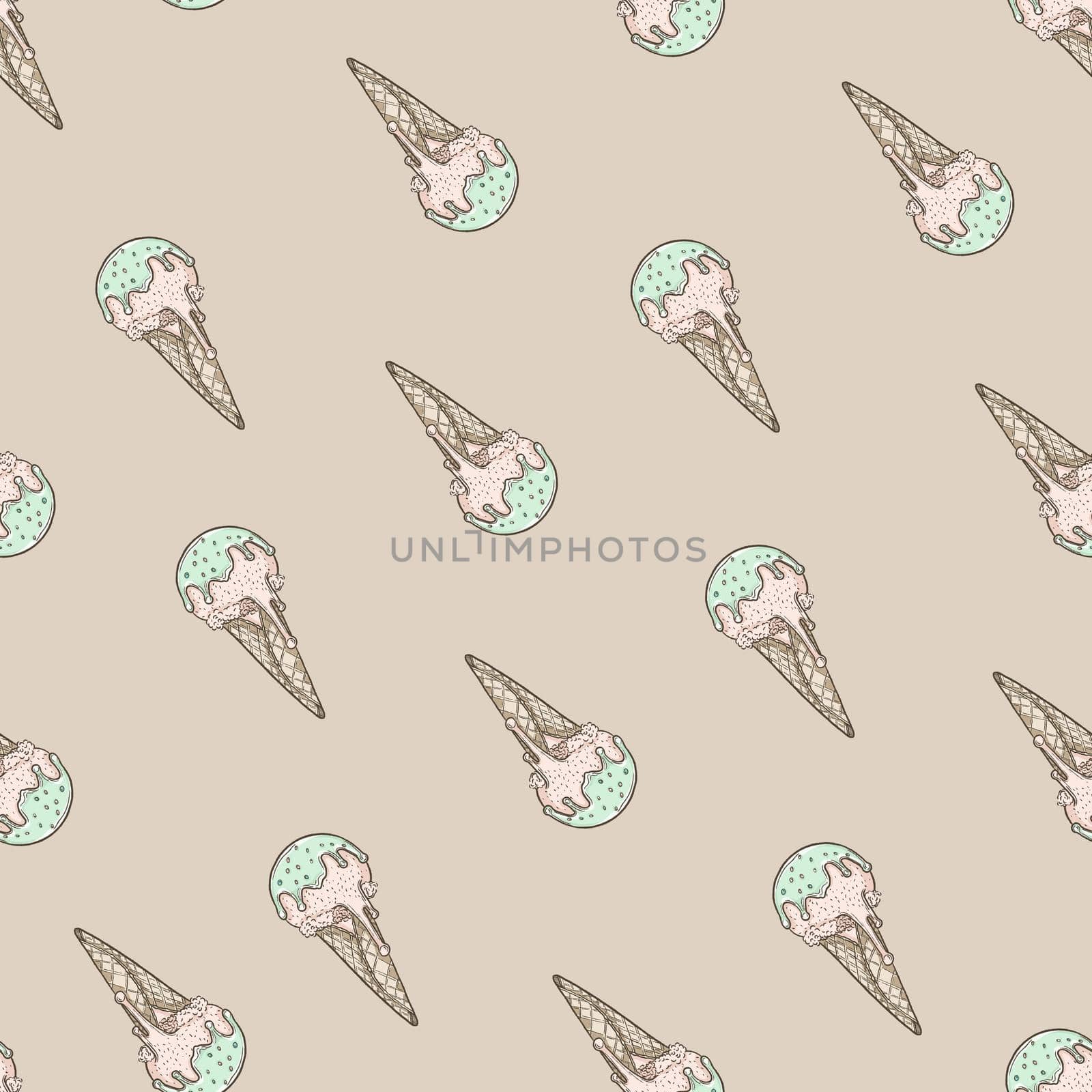 Ice cream cone seamless pattern on beige background by fireFLYart