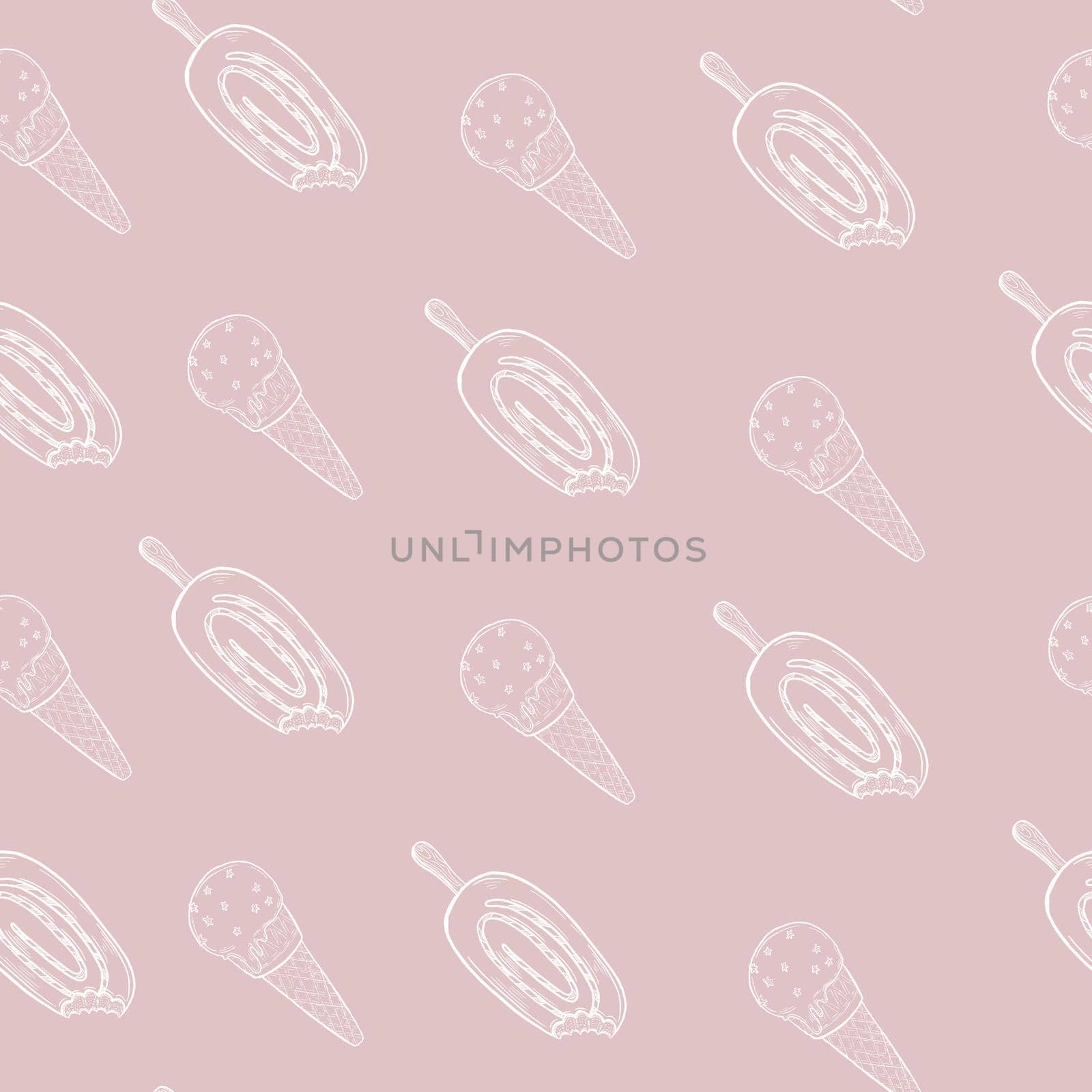 Ice cream outline seamless pattern illustration, Cute ice cream on pink background.