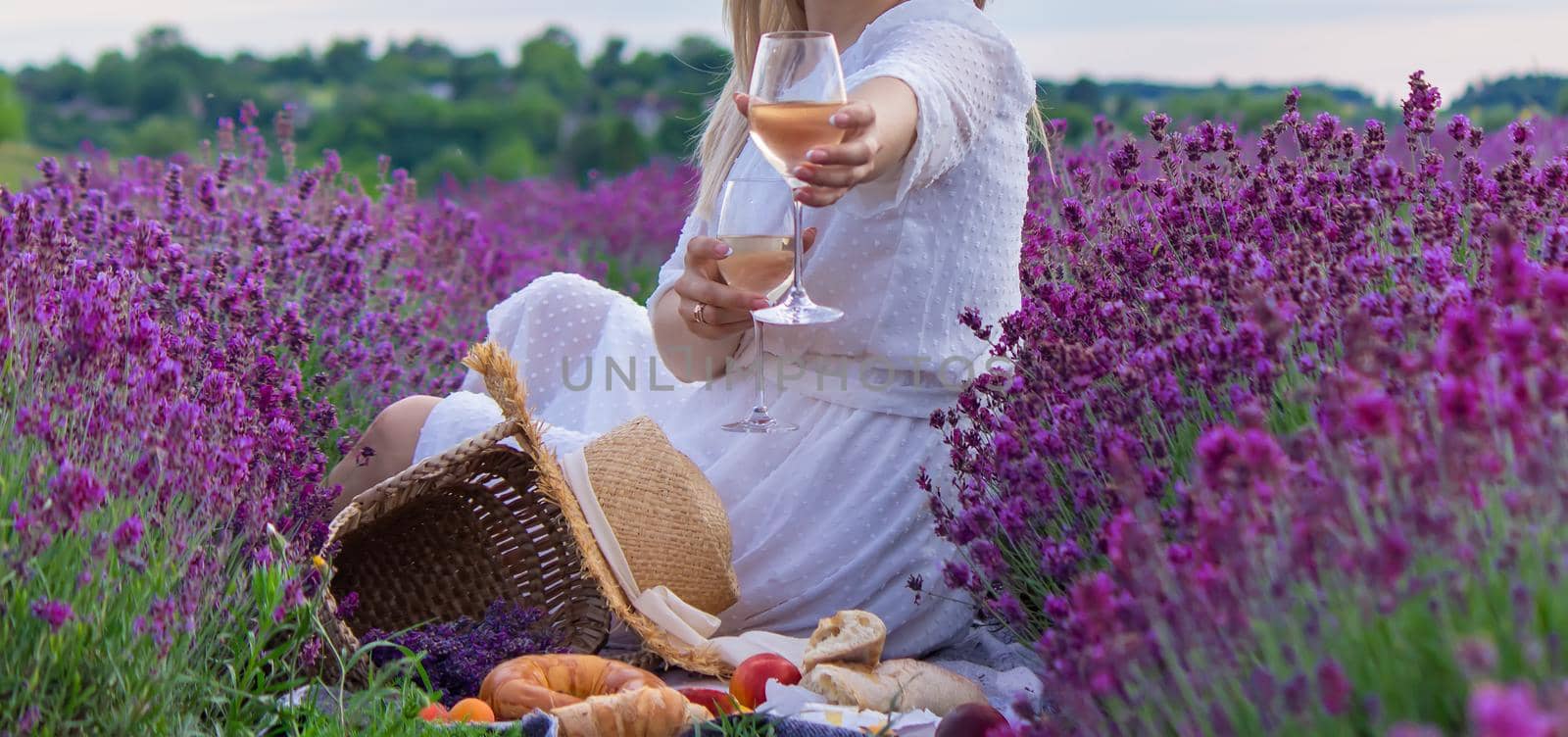 a girl holds a glass of white wine against the backdrop of a lavender field. A girl drinks wine in a lavender field. by Anuta23