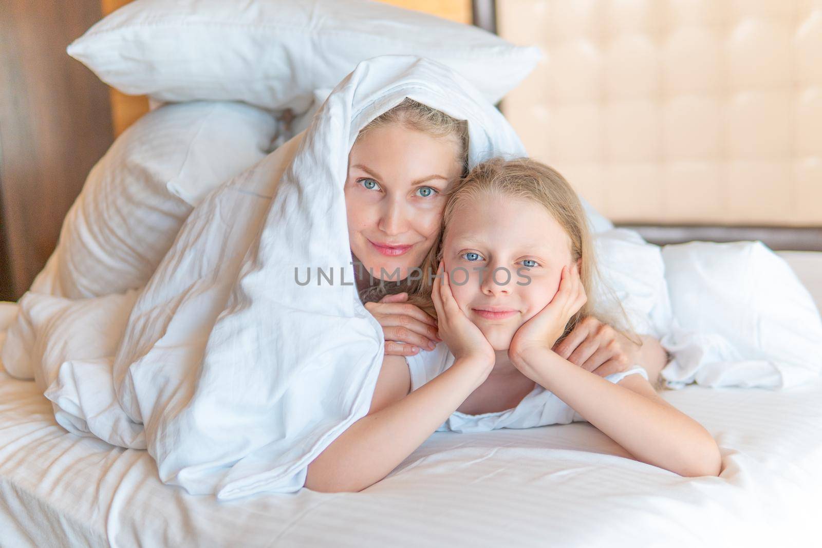 Blanket over family daughter glad woman bed head young eyes, concept view white in relax from health smile, attractive comfortable. Healthy relaxation serene,