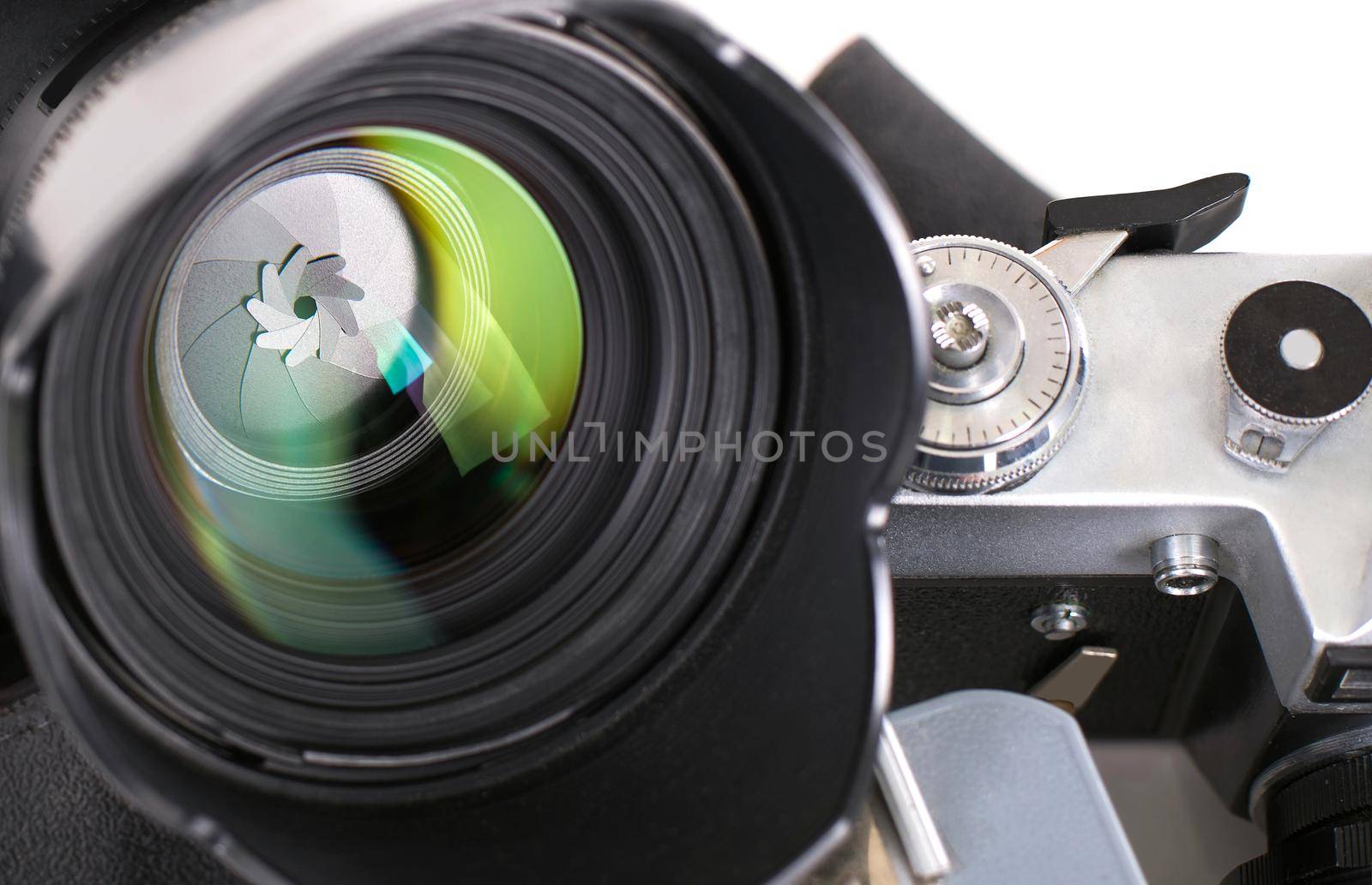 Camera lens isolated on white background. Close up.