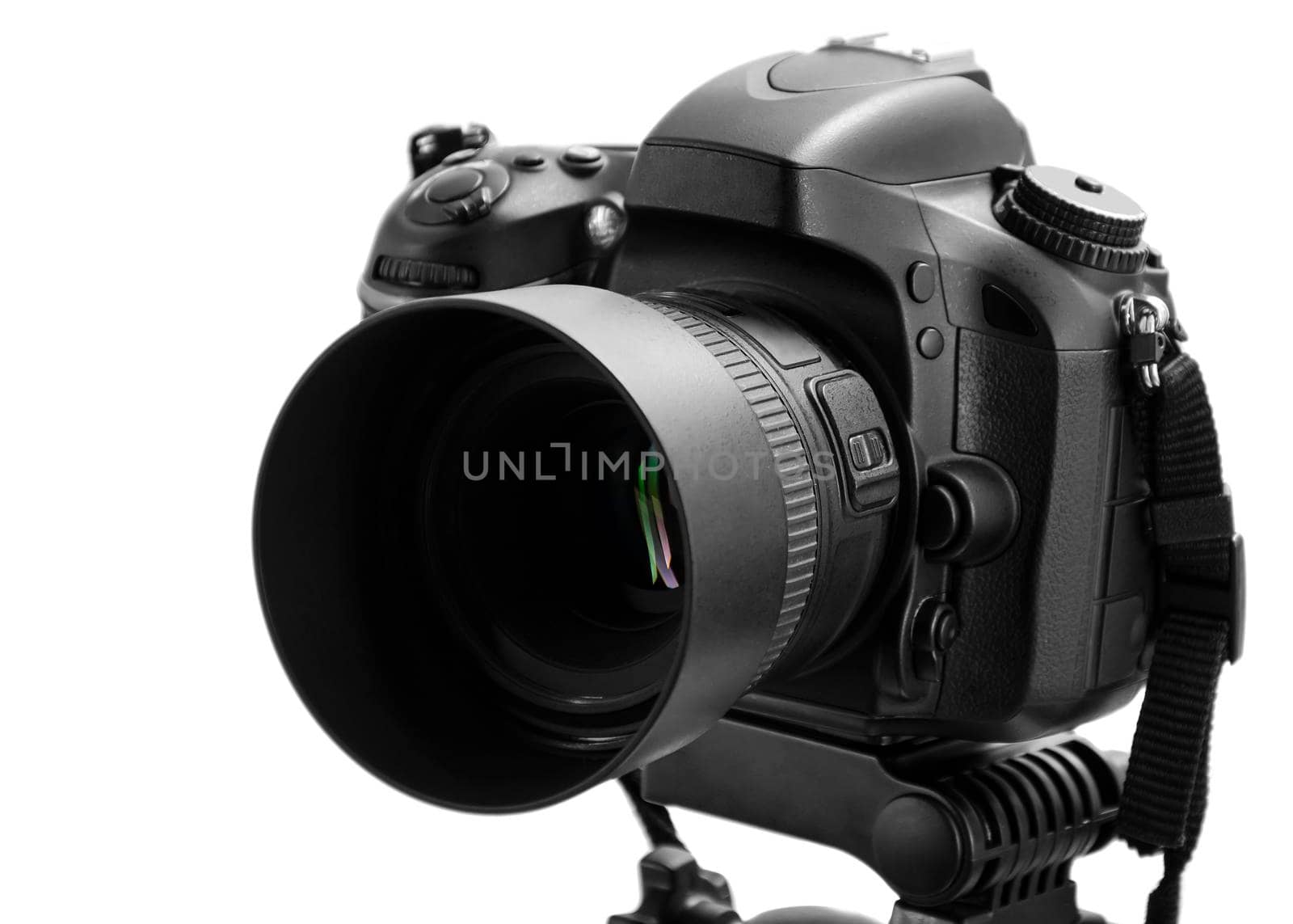 Black digital camera isolated on white background with clipping path