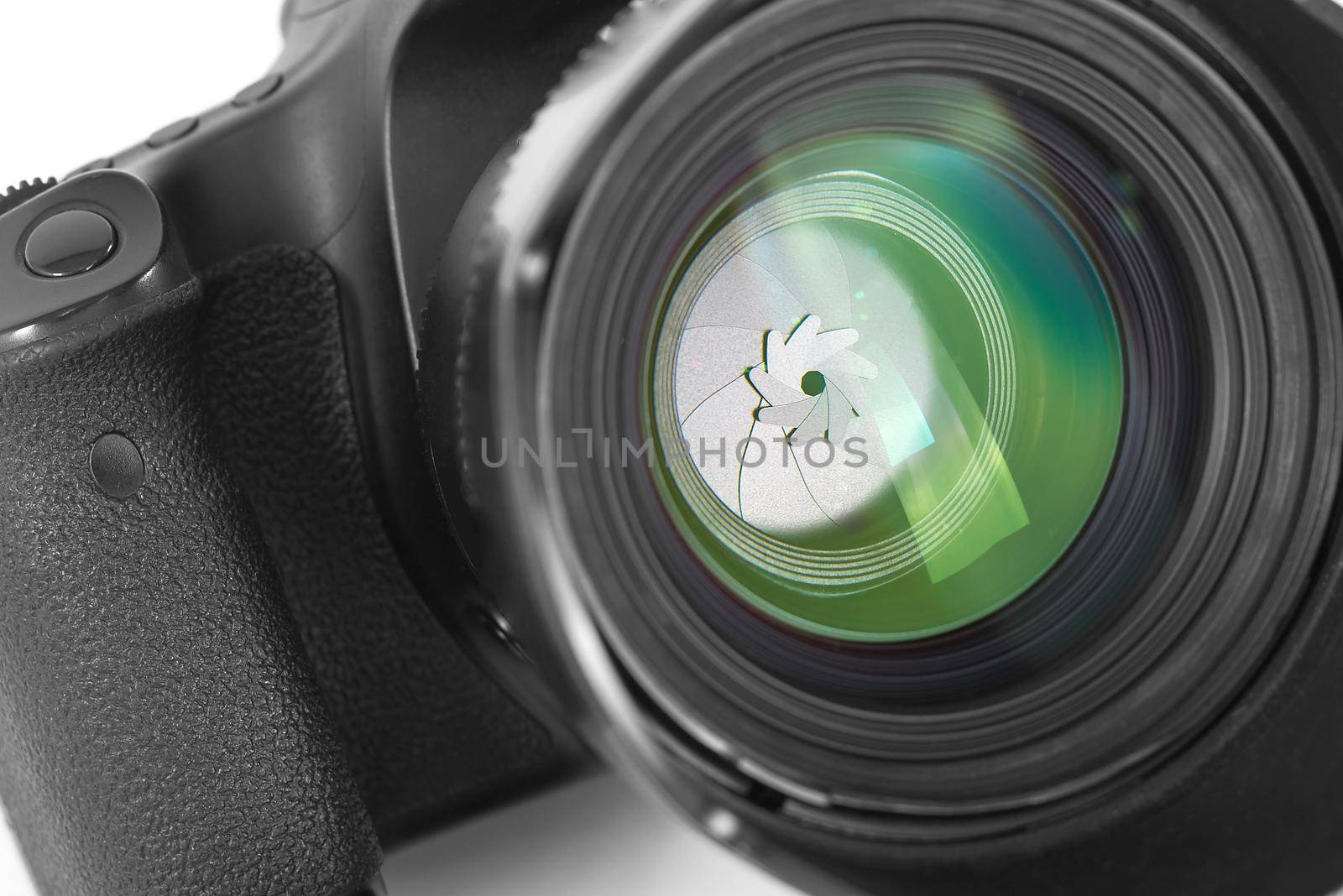 Camera lens isolated on white background. Close up.