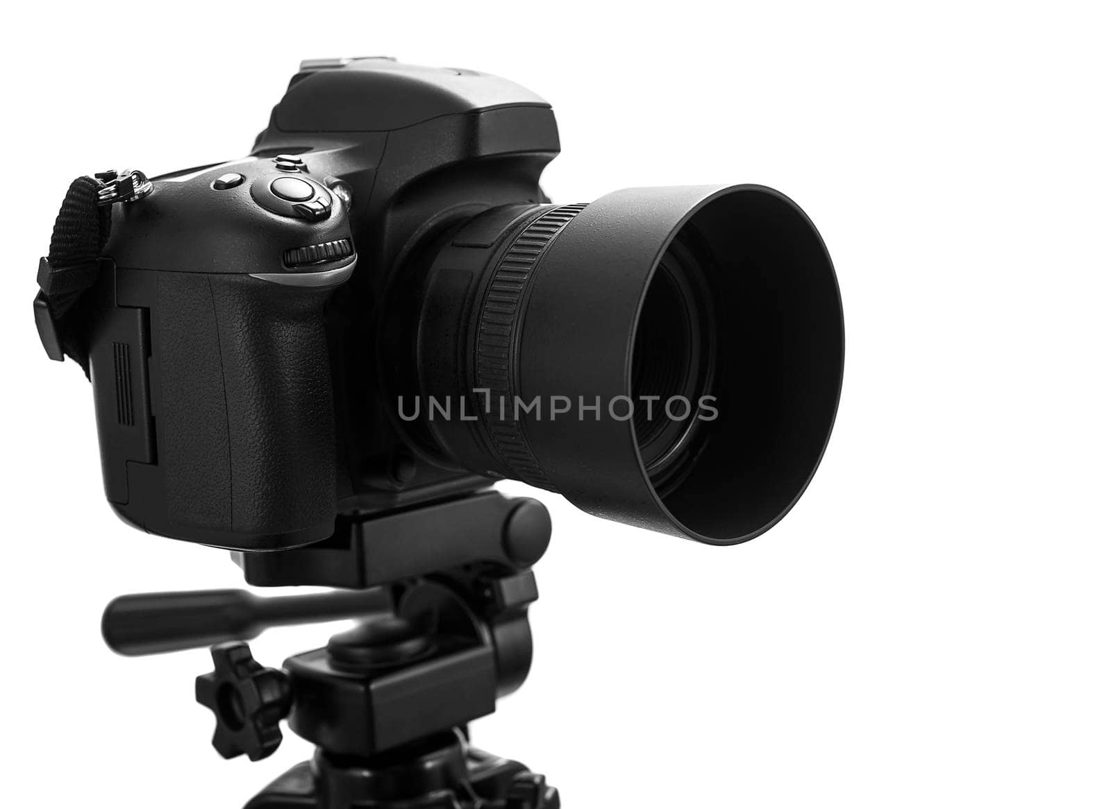 Photo camera on tripod isolated at white background