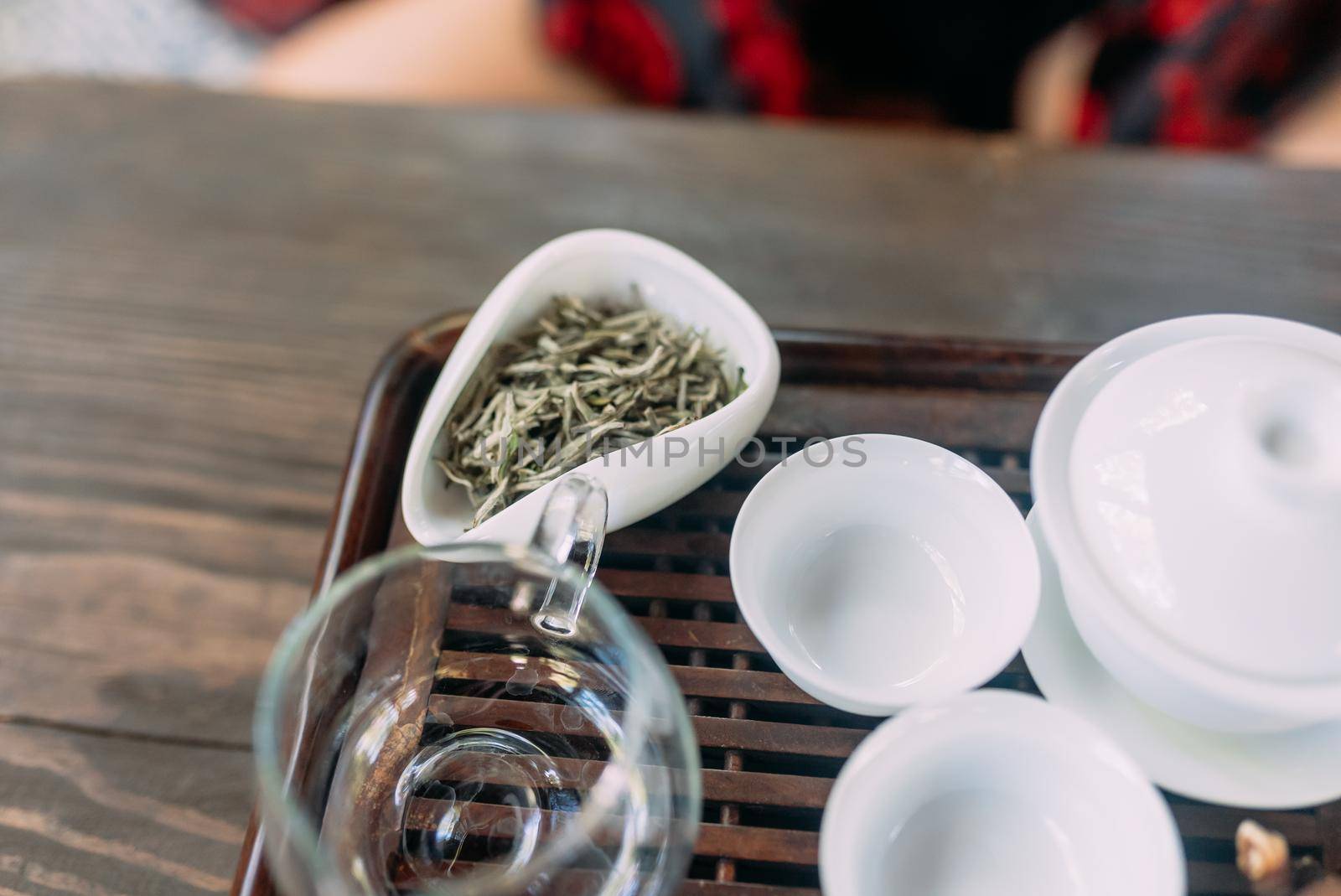 Tea set for matcha on wooden table