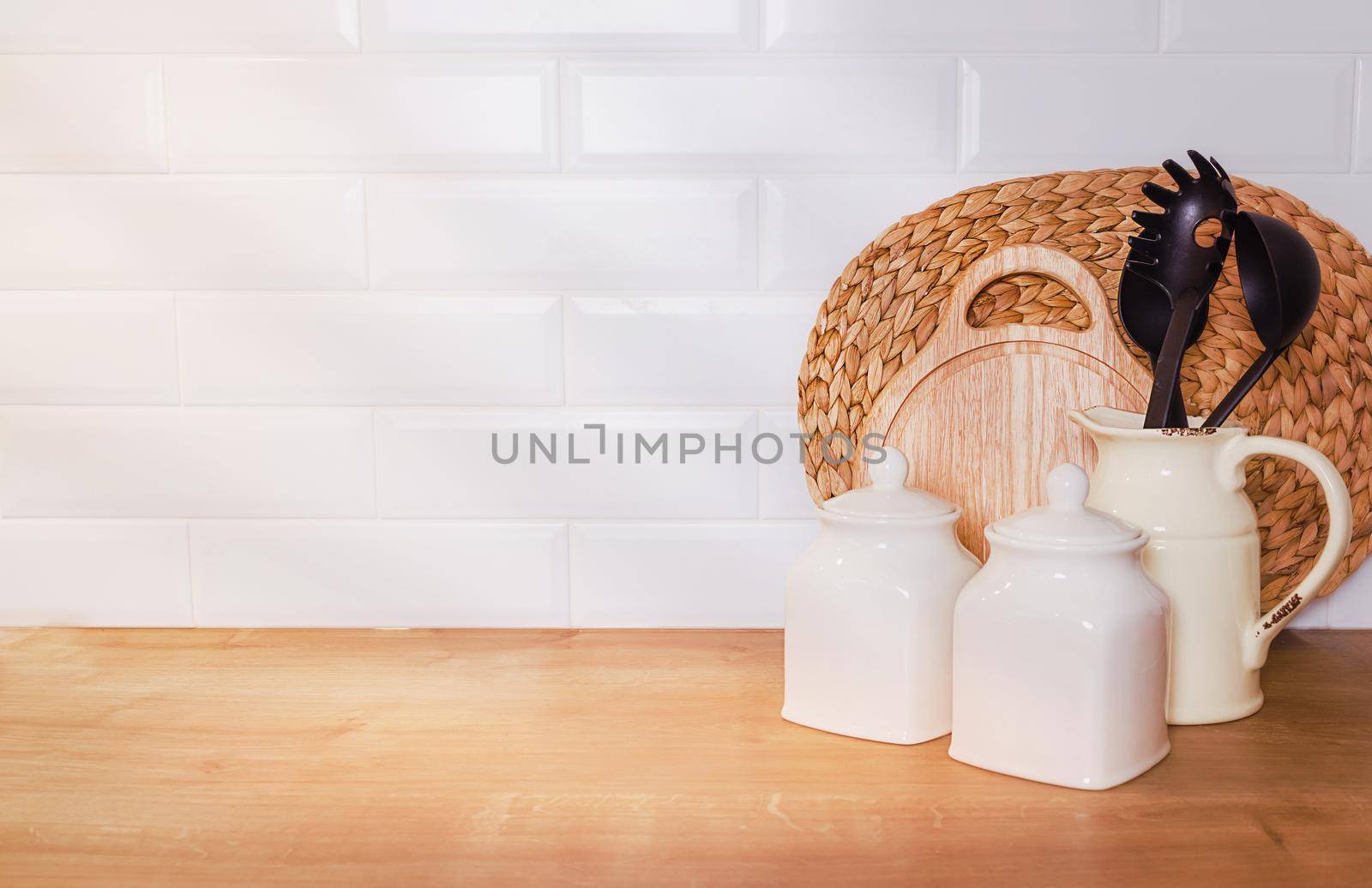 concept of homemade food recipes, mockup on white wall with kitchen utensils by Ramanouskaya