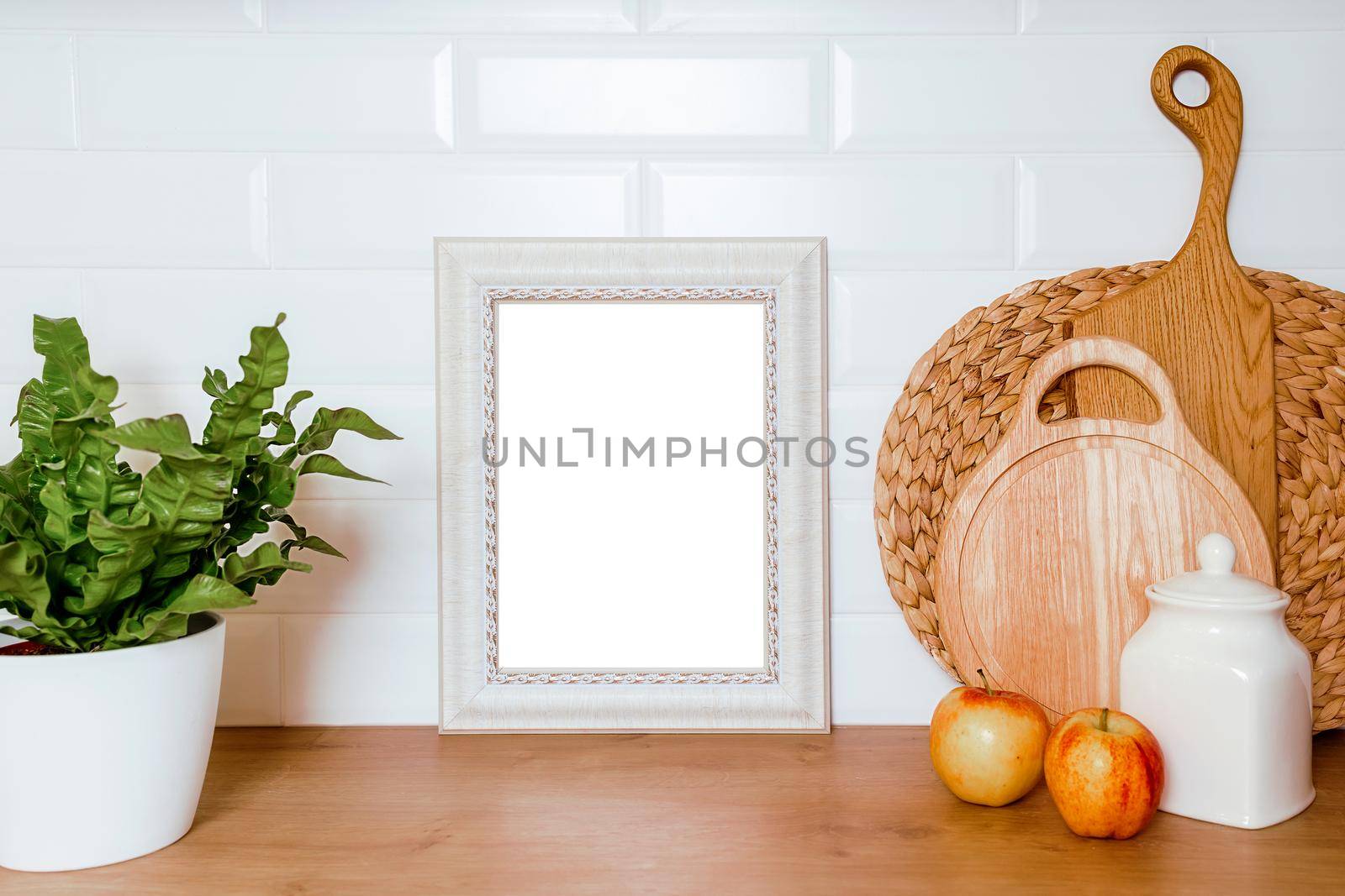 mockup in vintage style with a beautiful frame, kitchen utensils on a wooden table by Ramanouskaya