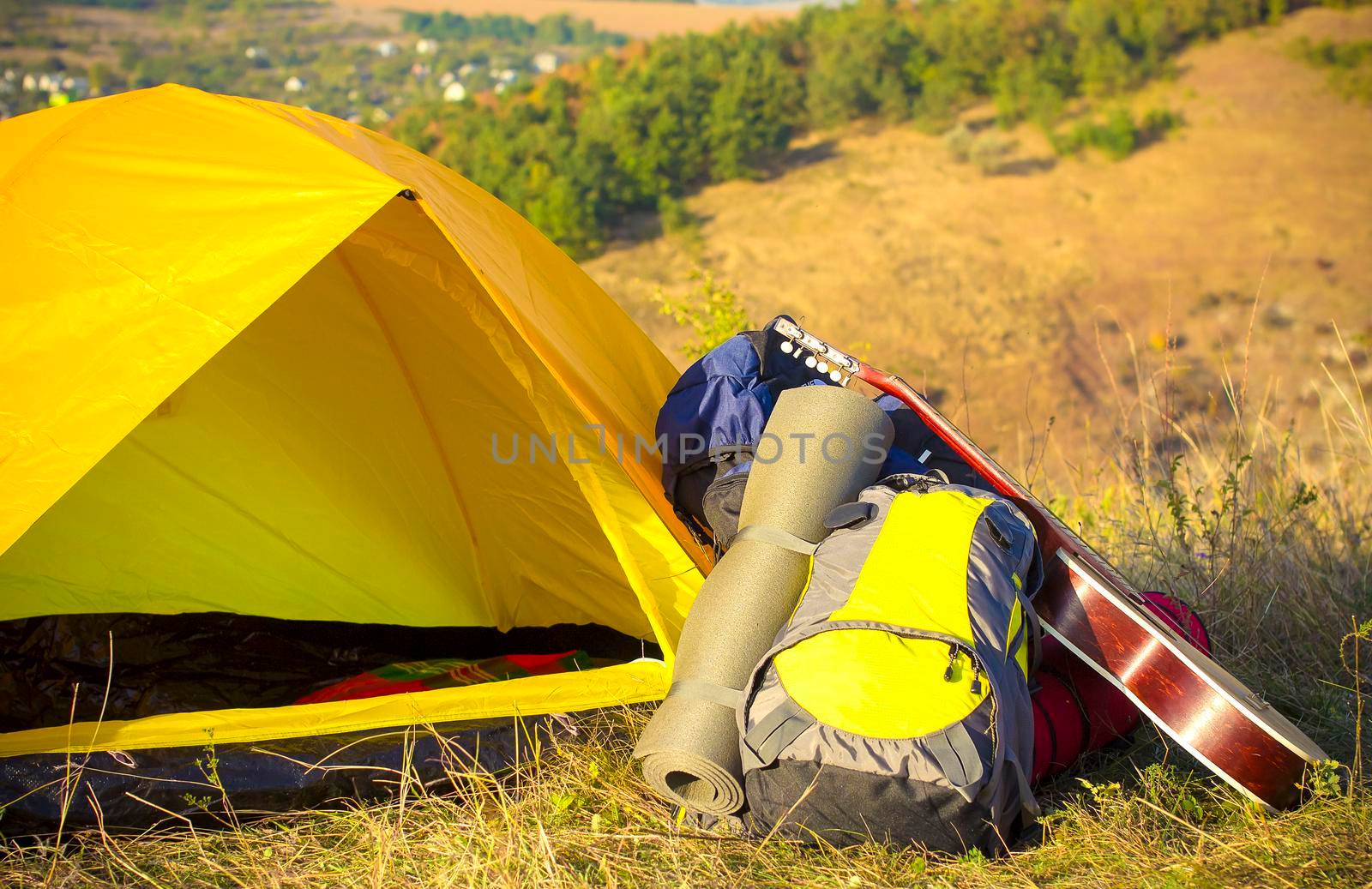camping tent on the hill.