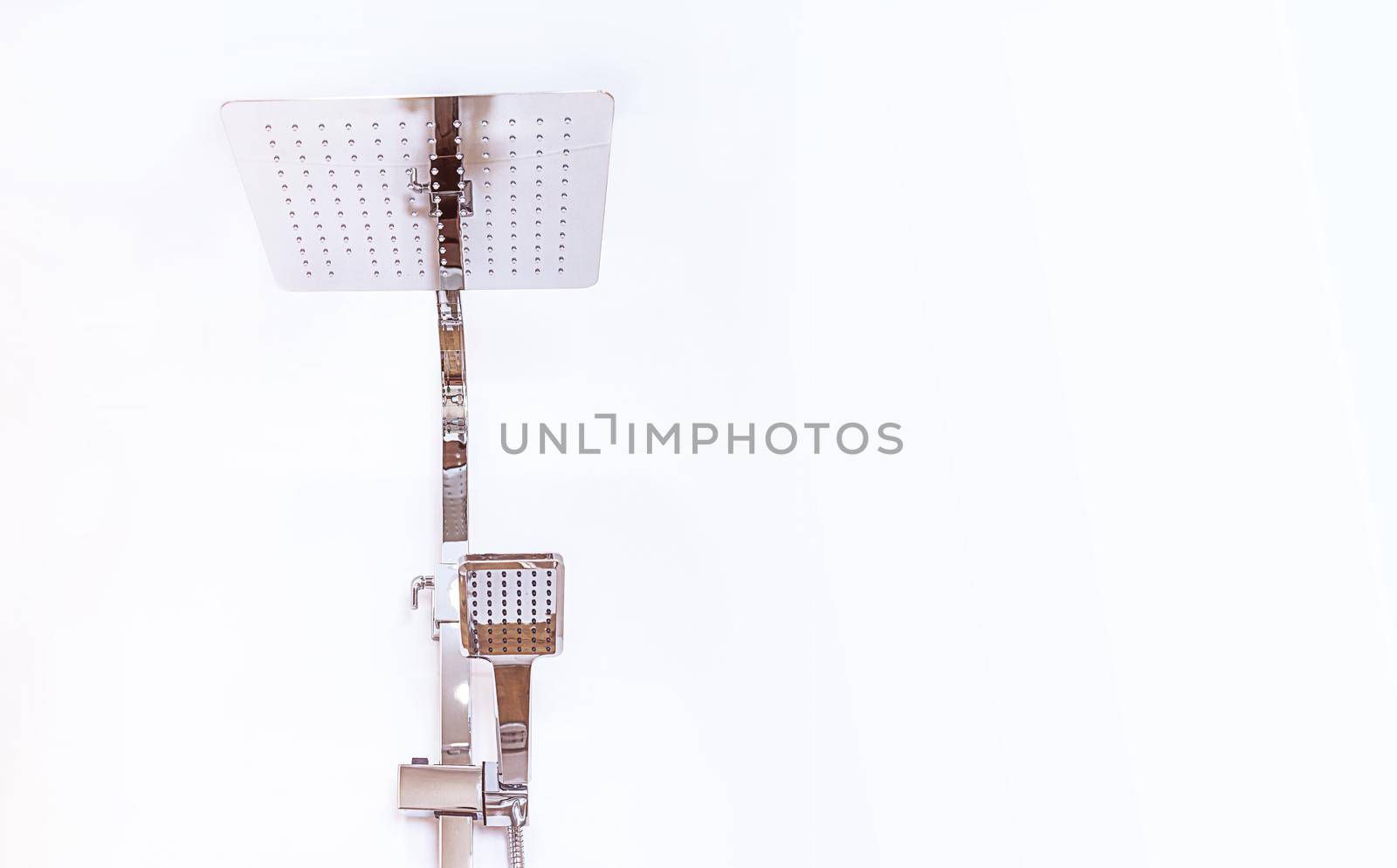 chrome rain shower closeup, isolated object hanging on the wall, copy paste by Ramanouskaya