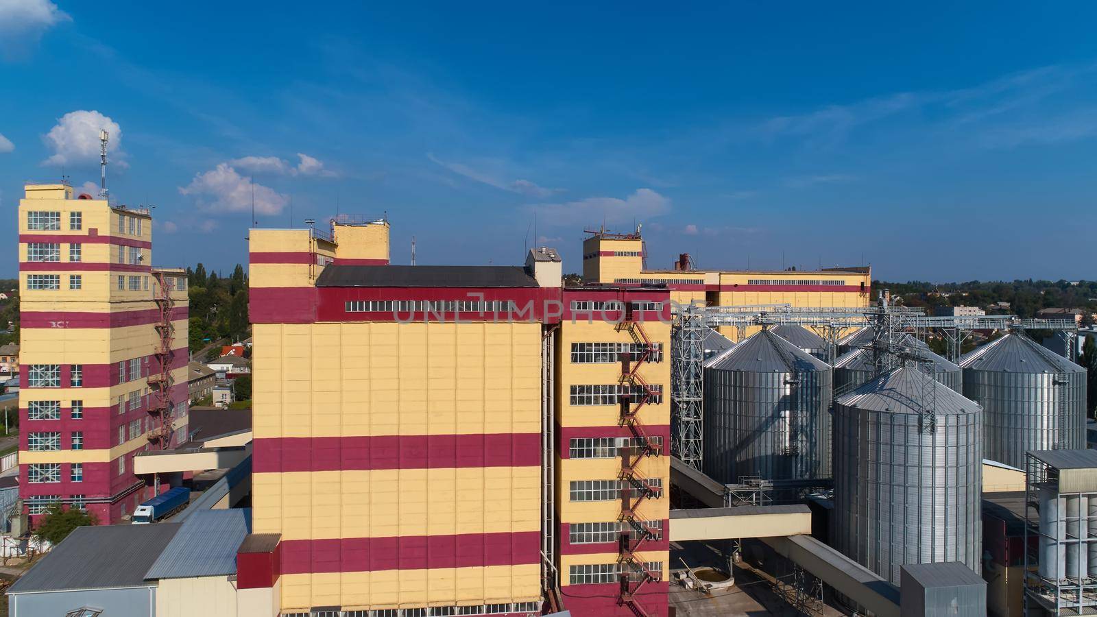 Grain Silo in Ukraine near battlefield. Kherson region. Ukraine. Grain Crisis in the Word. War and Harvesting in Ukraine.