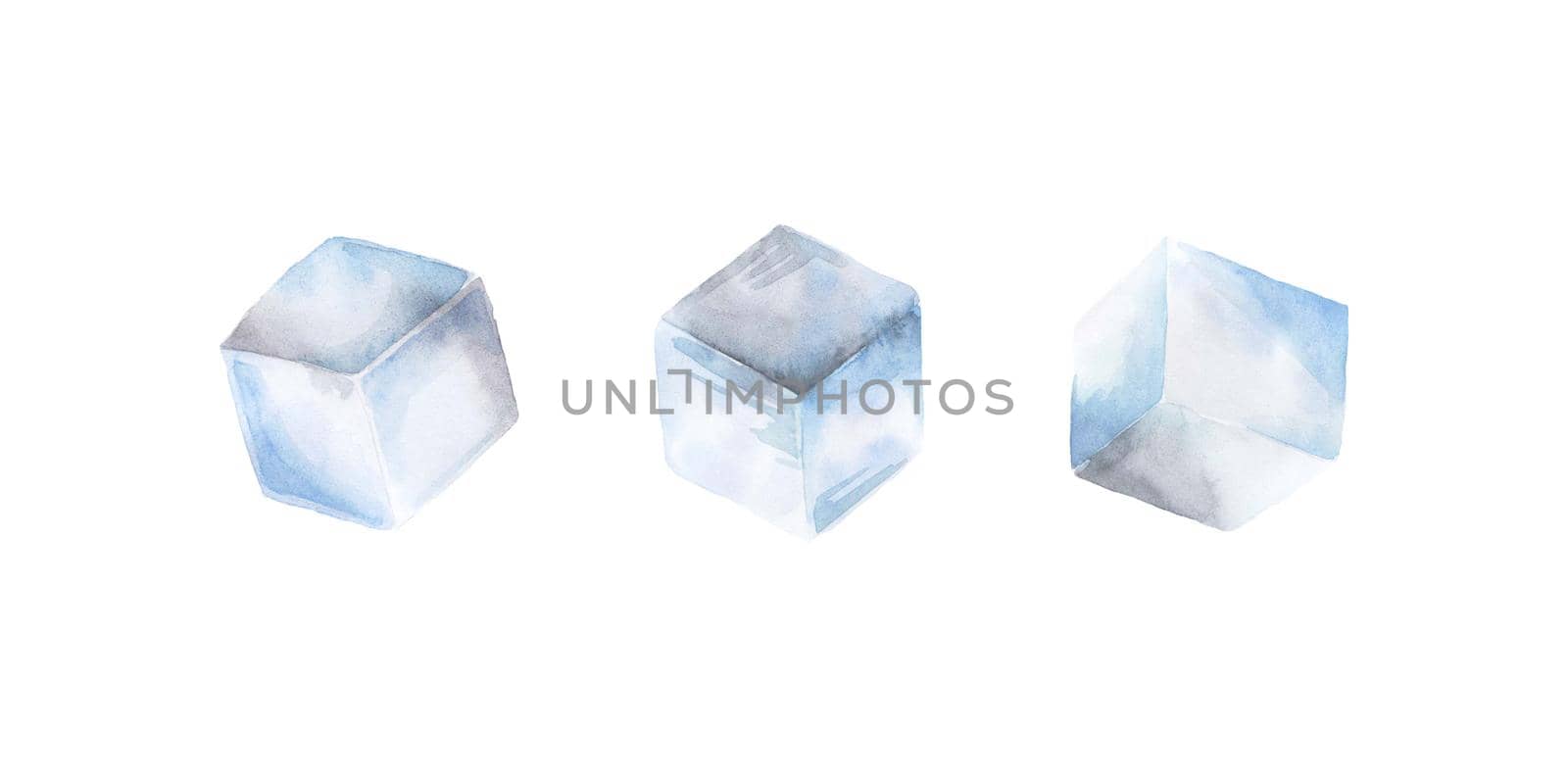 Set of water ice cubes. isolated on white. Watercolor illustration by fireFLYart