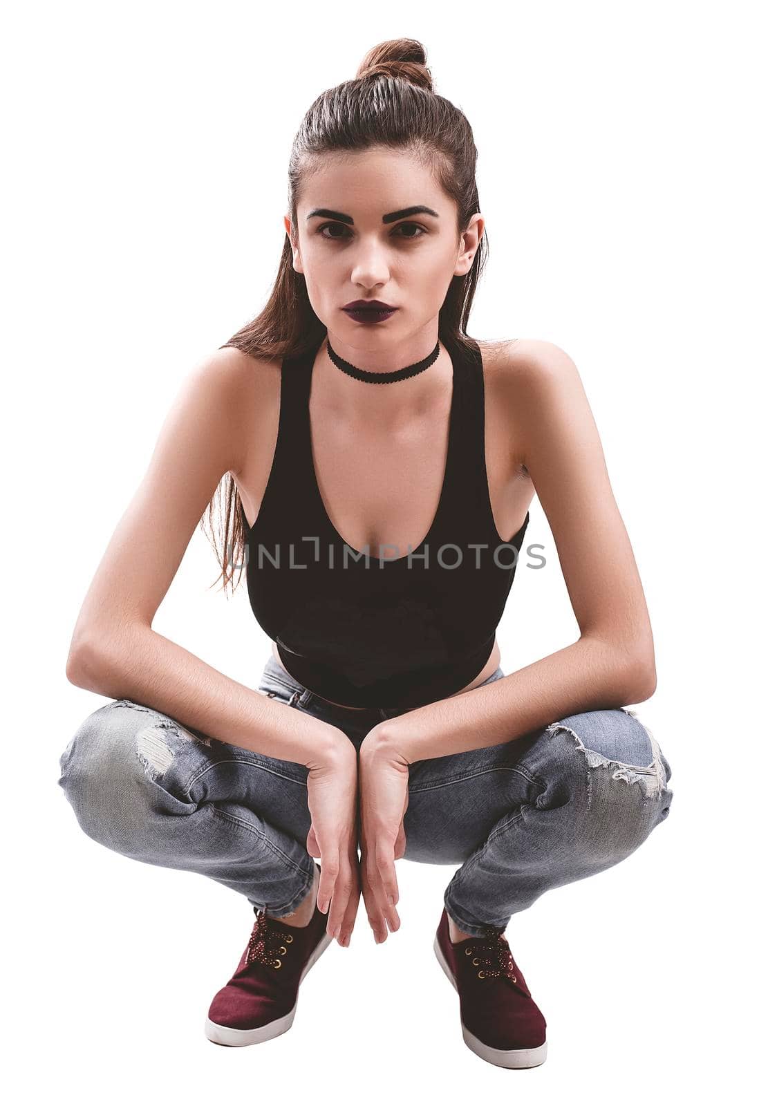 Portrait of nice young gorgeous woman on white solid backgrounds.