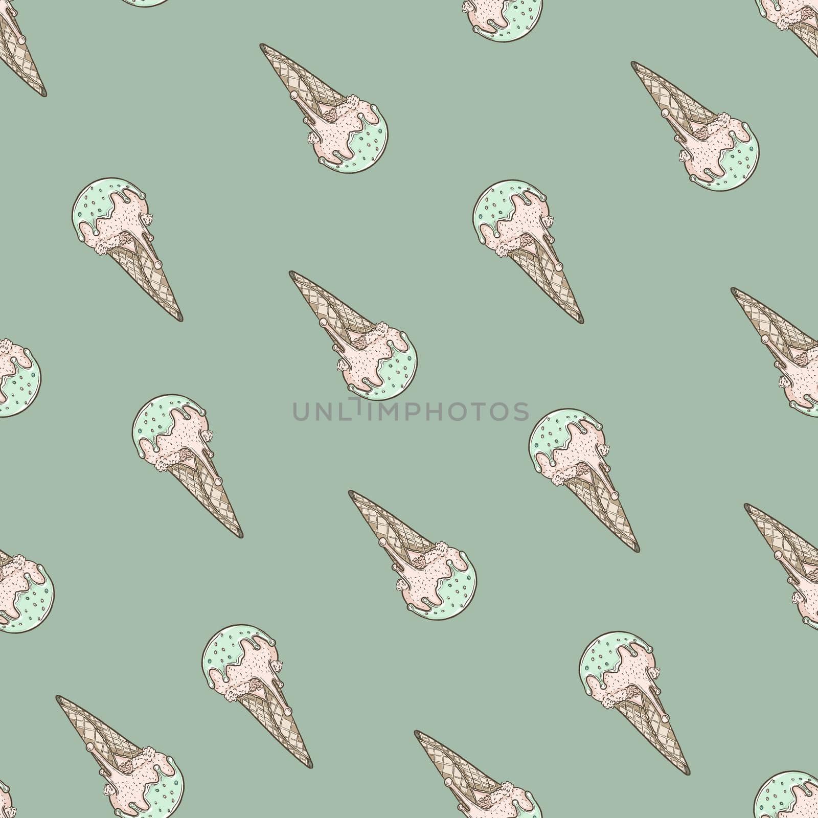 Cone seamless pattern illustration, Cute ice cream on green background.