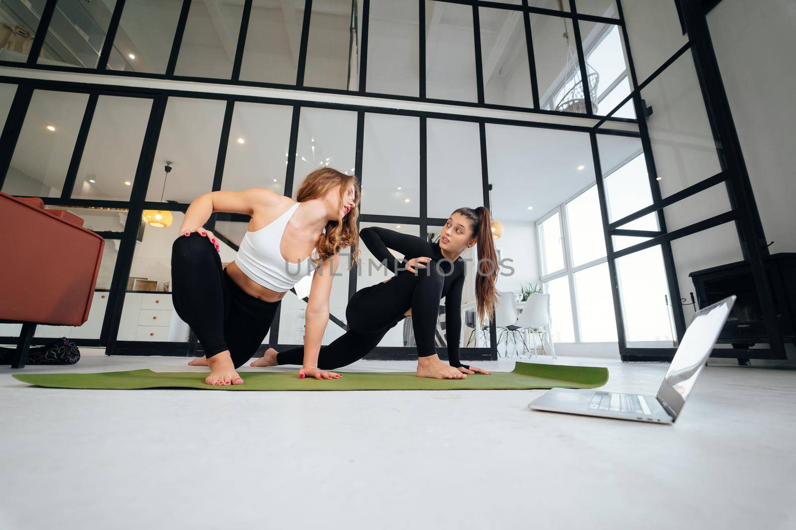 Two charming sports women, do yoga poses, exercises at home by teksomolika