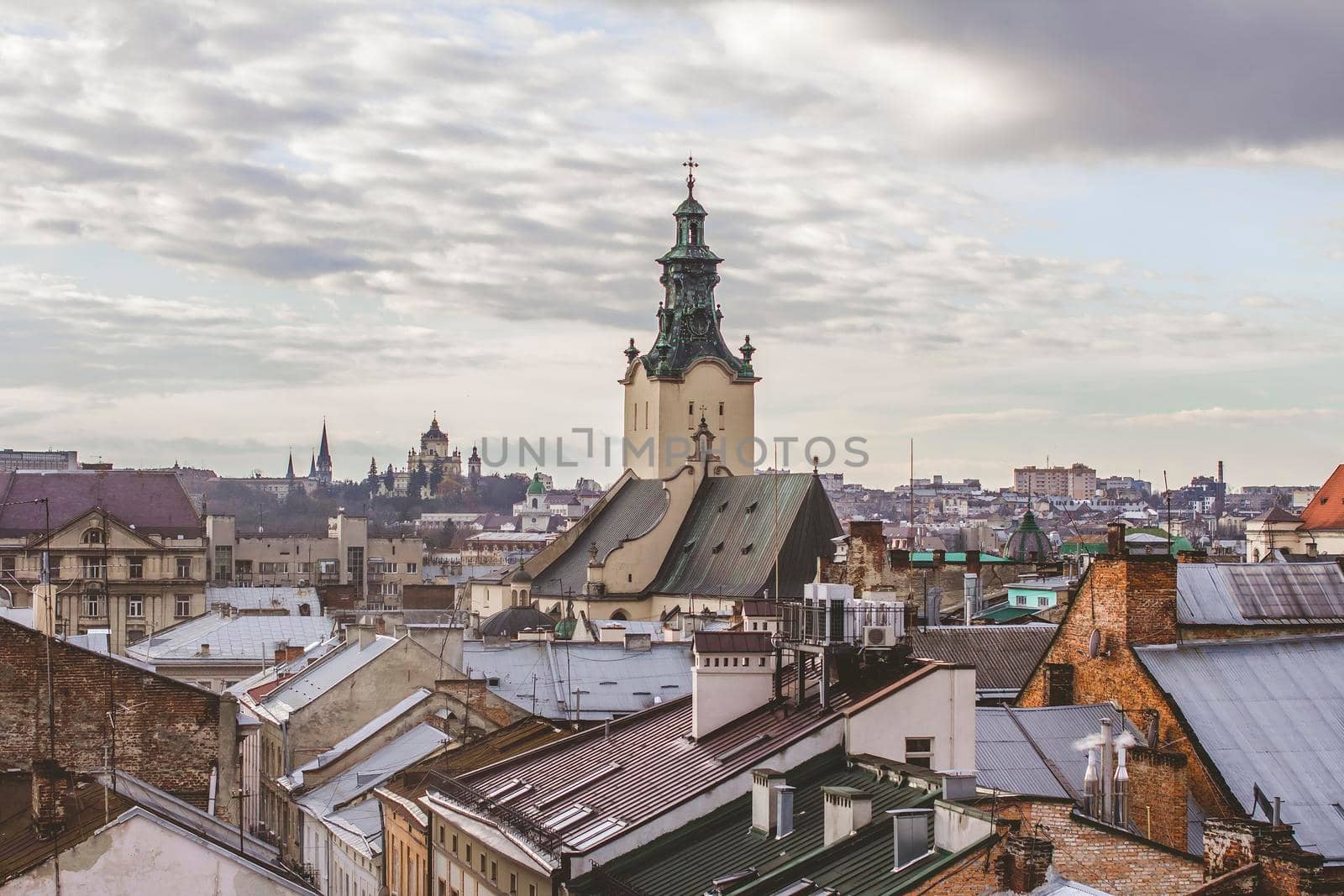 Top view of the city of Lviv, Ukraine. Roofs of old houses.