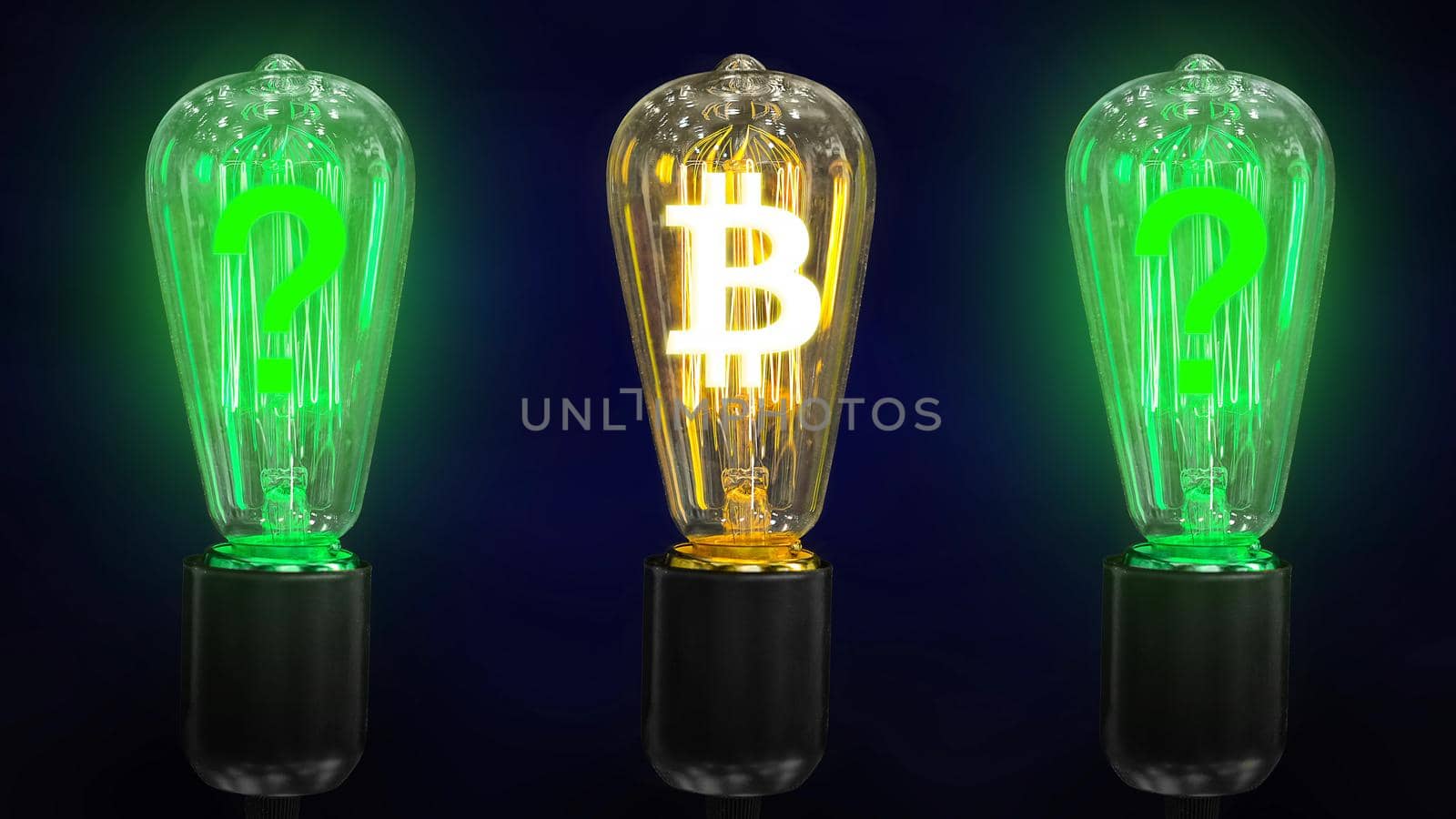 The concept of the growth of the exchange rate bitcoin. The sign of the crypto bitcoin currency is inside of the retro lamps.