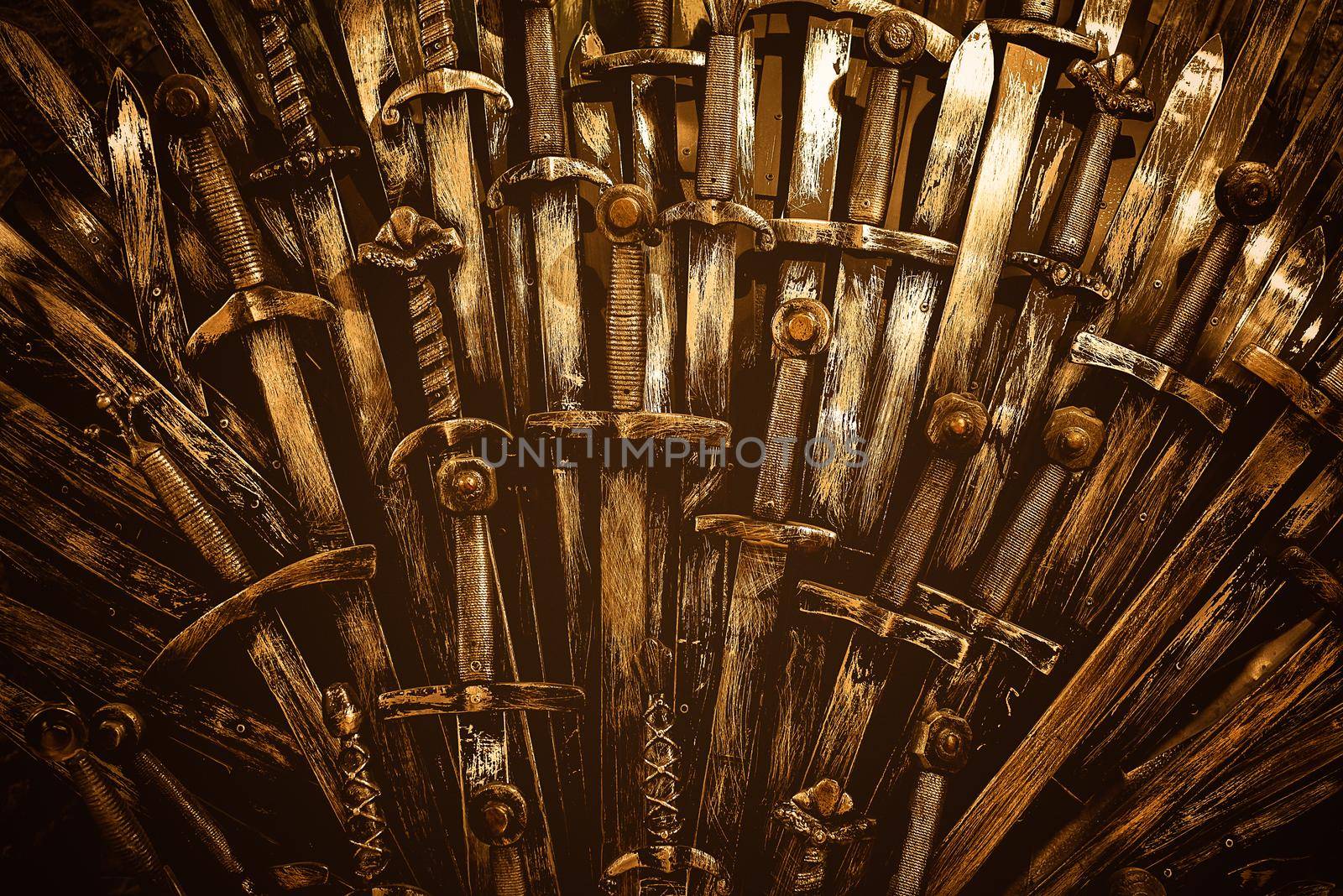Metal knight swords background. Close up