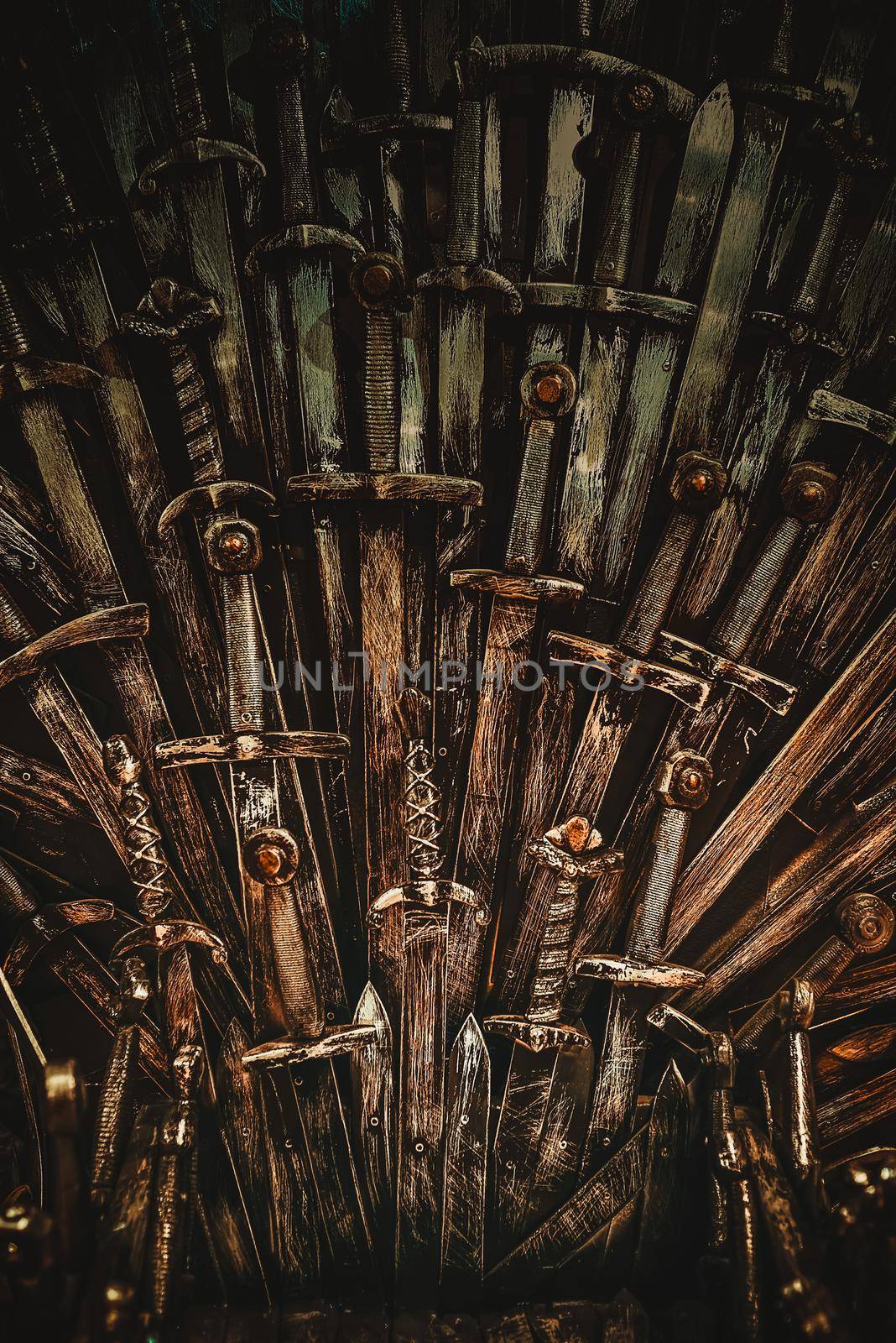 Metal knight swords background. Close up