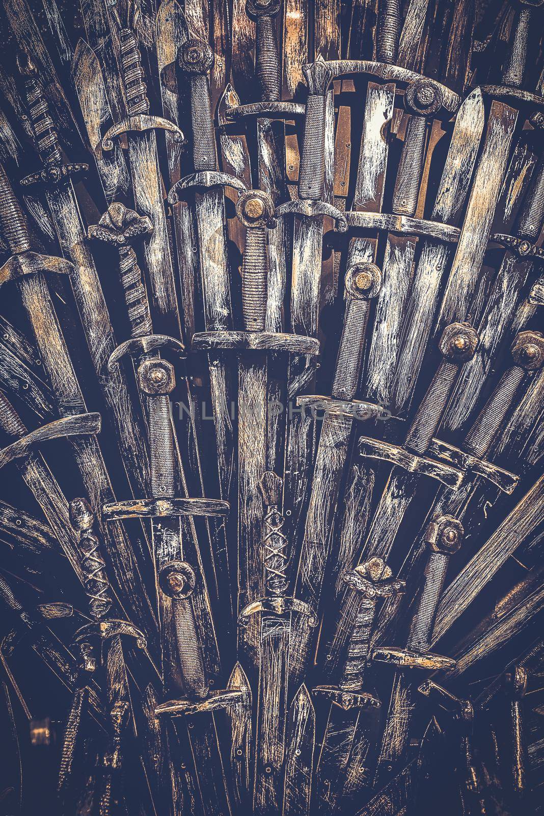 Metal knight swords background. Close up
