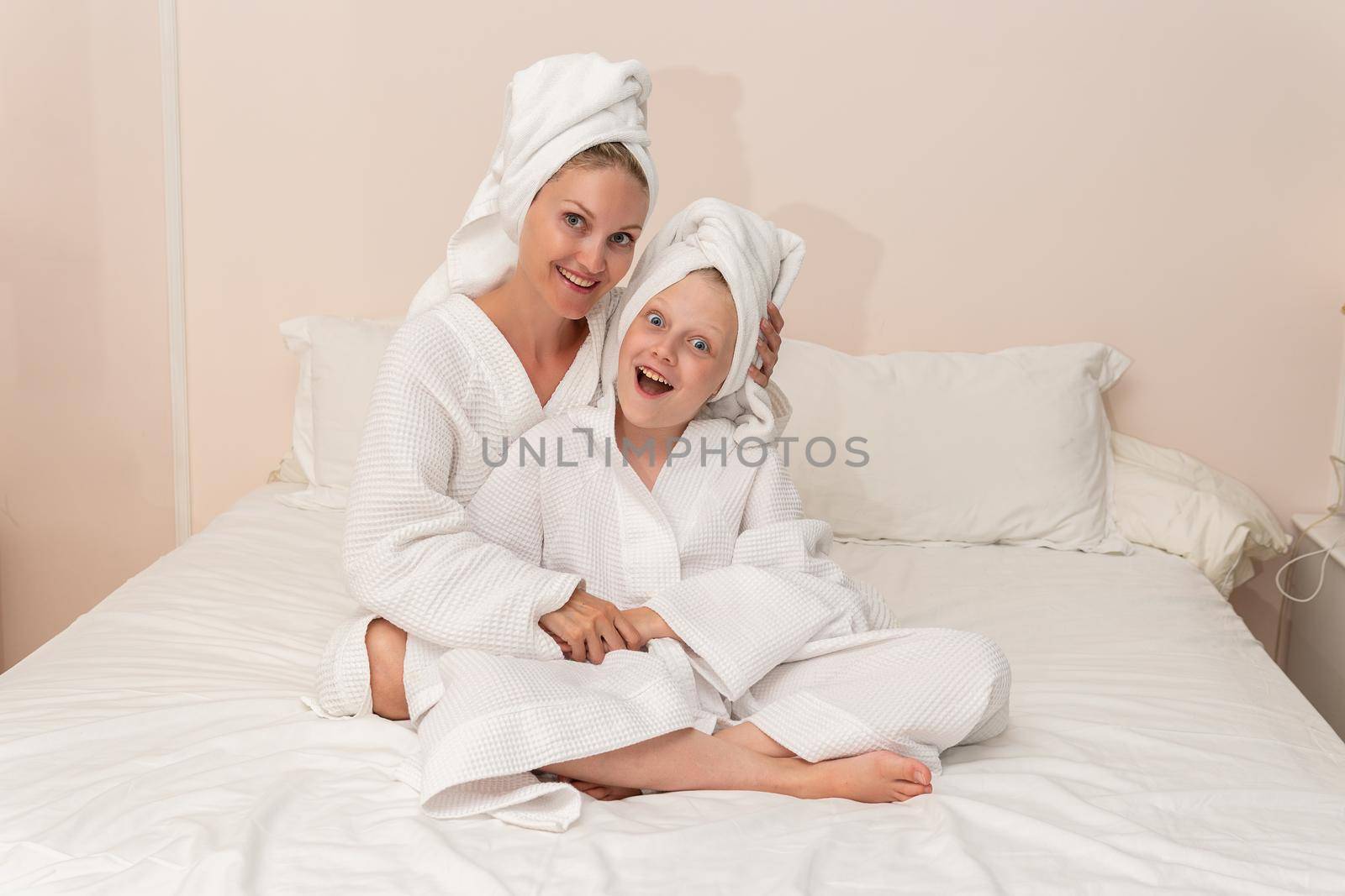 Daughter bath smiling love dries mom thinks elbows coffee bathrobe, from white hygiene from bathroom from happy spa, pirate background. Hair health female, by 89167702191