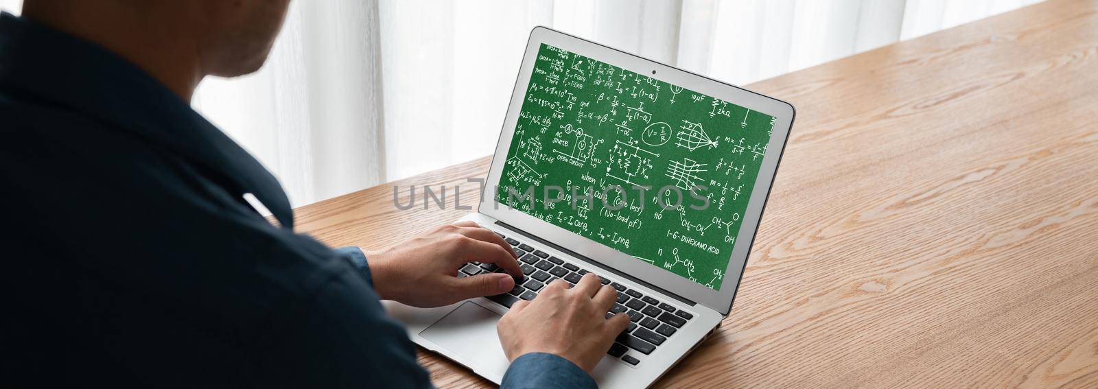 Mathematic equations and modish formula on computer screen showing concept of science and education