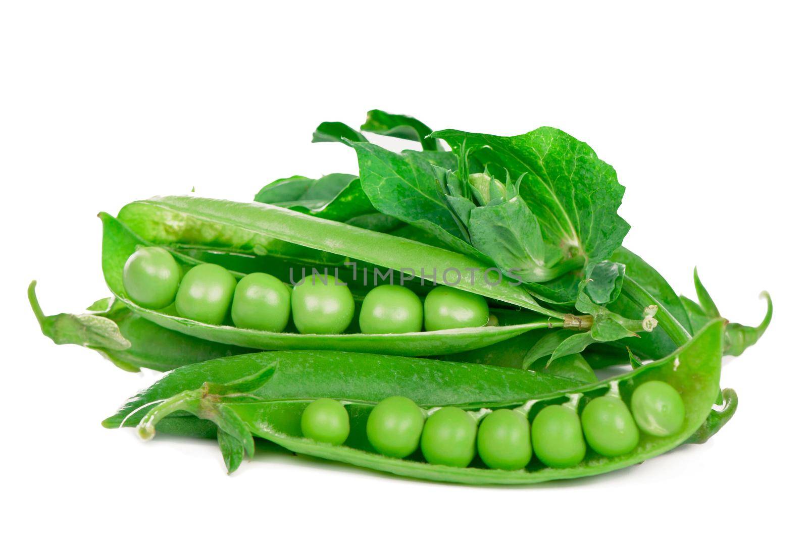 Green Peas. Raw ripe bunch of green peas with leaves isolated on white background by aprilphoto