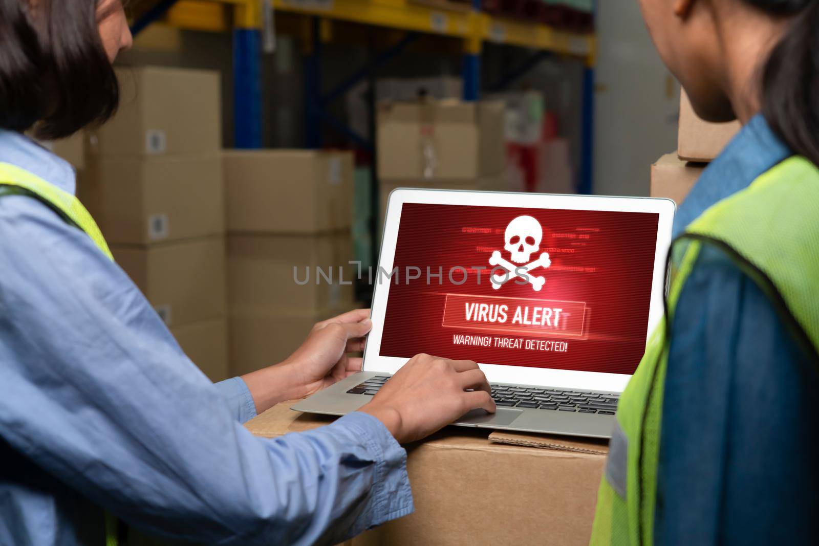 Computer with green screen display in warehouse storage room by biancoblue