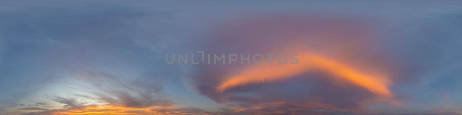 Dark blue sunset sky panorama with pink Cumulus clouds. Seamless hdr 360 pano in spherical equirectangular format. Full zenith for 3D visualization, game, sky replacement for aerial drone panoramas