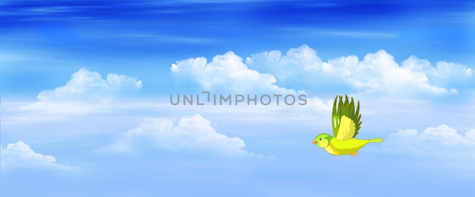 Little yellow bird in the sky. Digital Painting Background, Illustration.