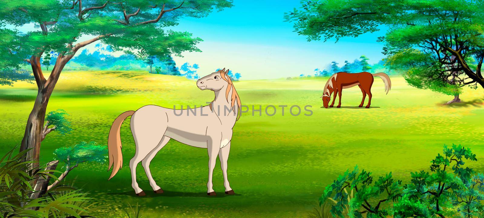 White horse grazes in the field on a sunny day. Digital Painting Background, Illustration.